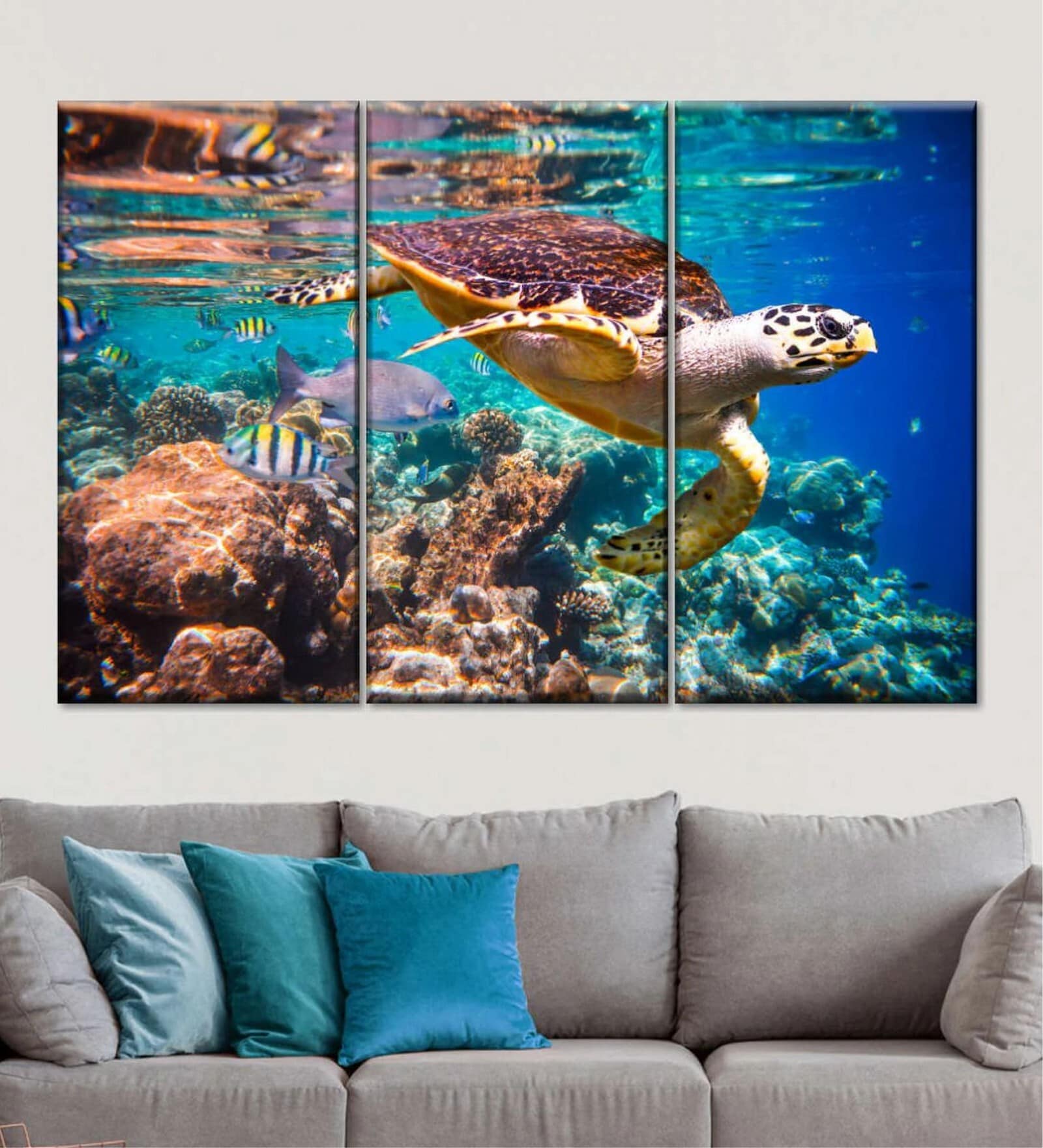 Blue Green Vivid Sea Life Printed Framed Wall Art Panels ( Set Of 3)