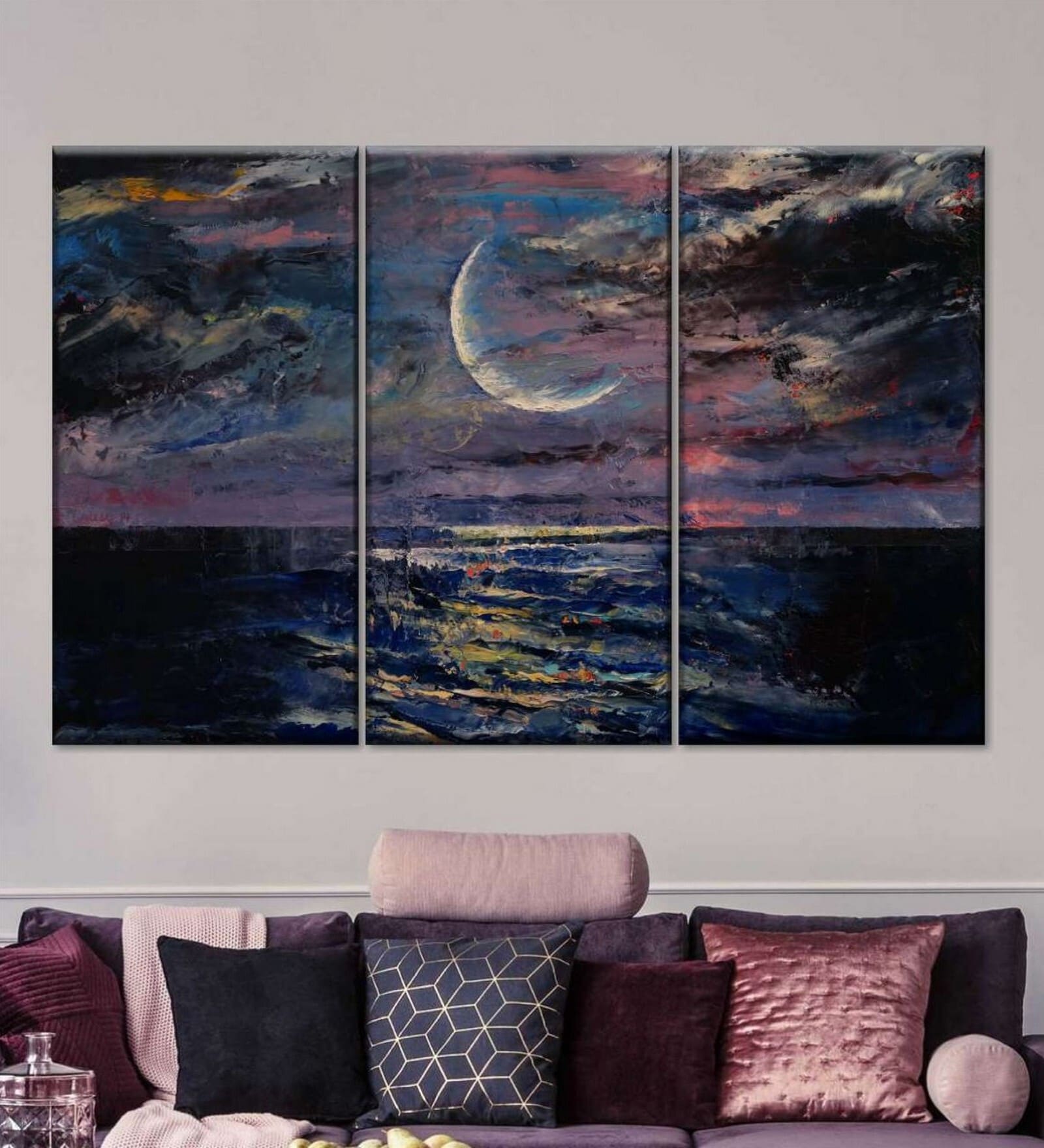 Blue Pink Moon Framed Wall Art Panels ( Set Of 3)