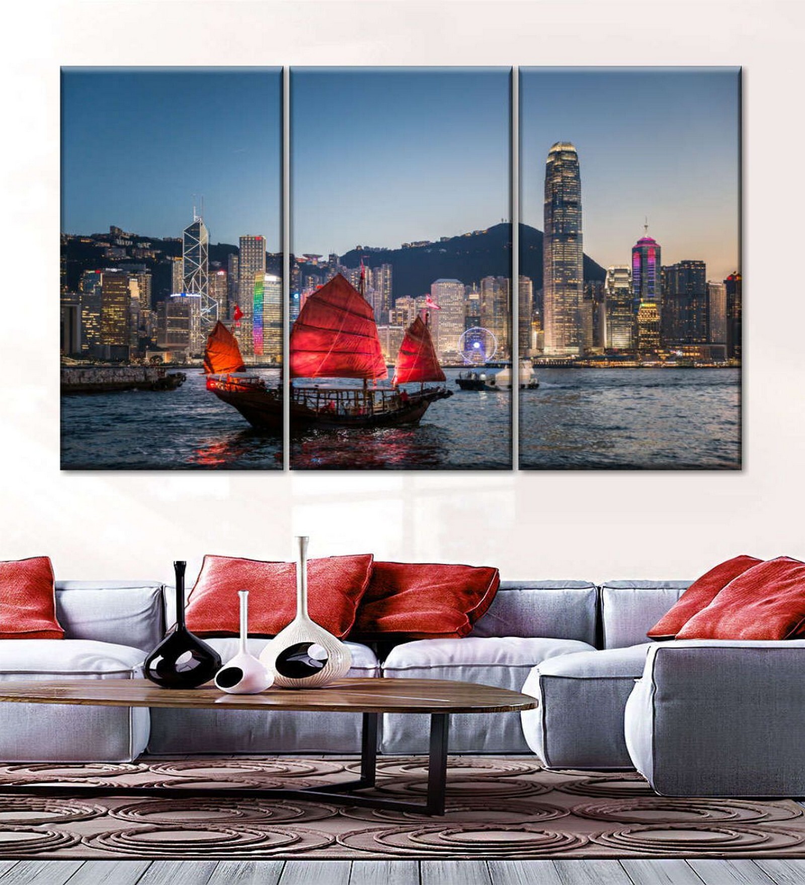 Blue Red Tour Boat In Hong Kong Panels Canvas Wall Art Panels ( Set Of 3)