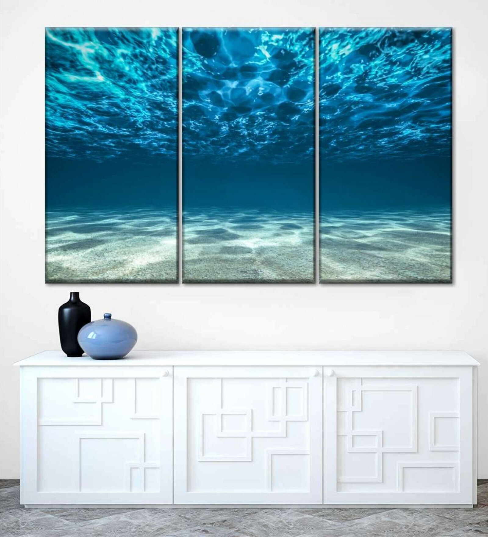 Blue White Underwater Sunlight Printed Framed Wall Art Panels ( Set Of 3)
