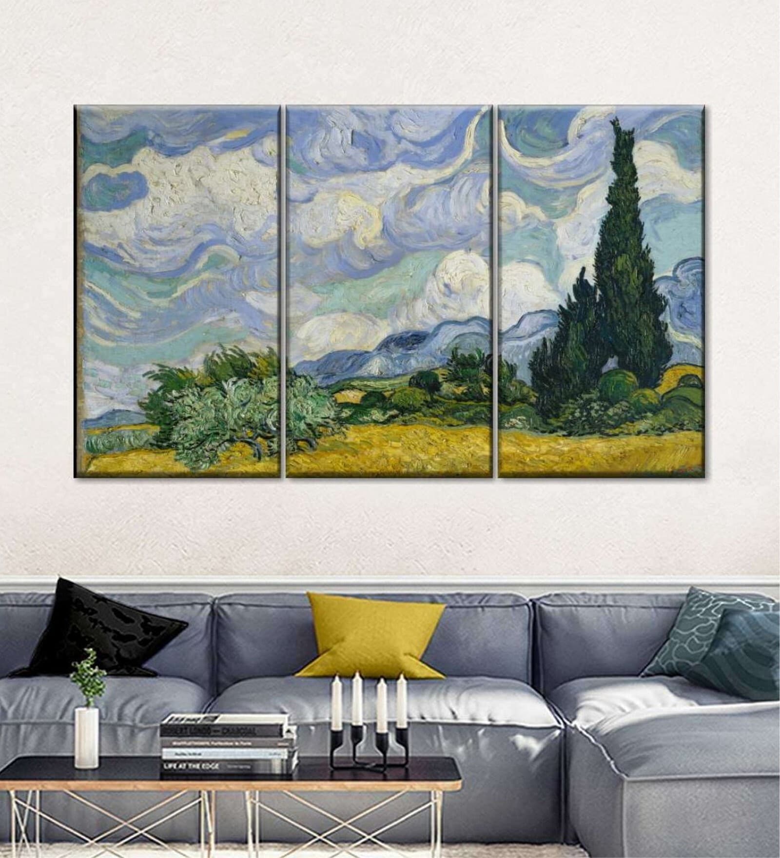 Blue Yellow Wheat Field With Cypresses Framed Wall Art Panels ( Set Of 3)