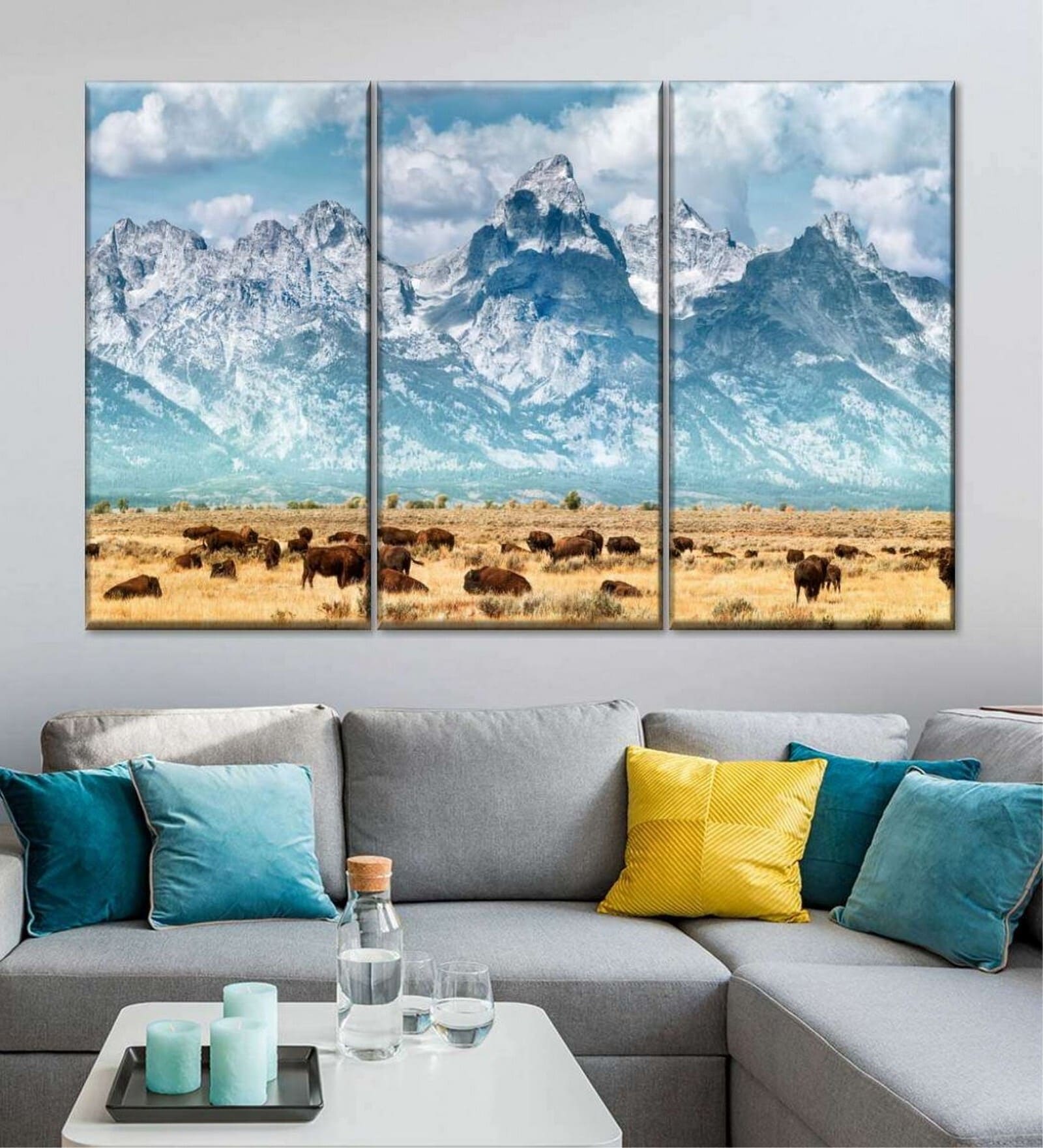 Blue Bison Herd In Grand Teton Panels Canvas Wall Art Panels ( Set Of 3)