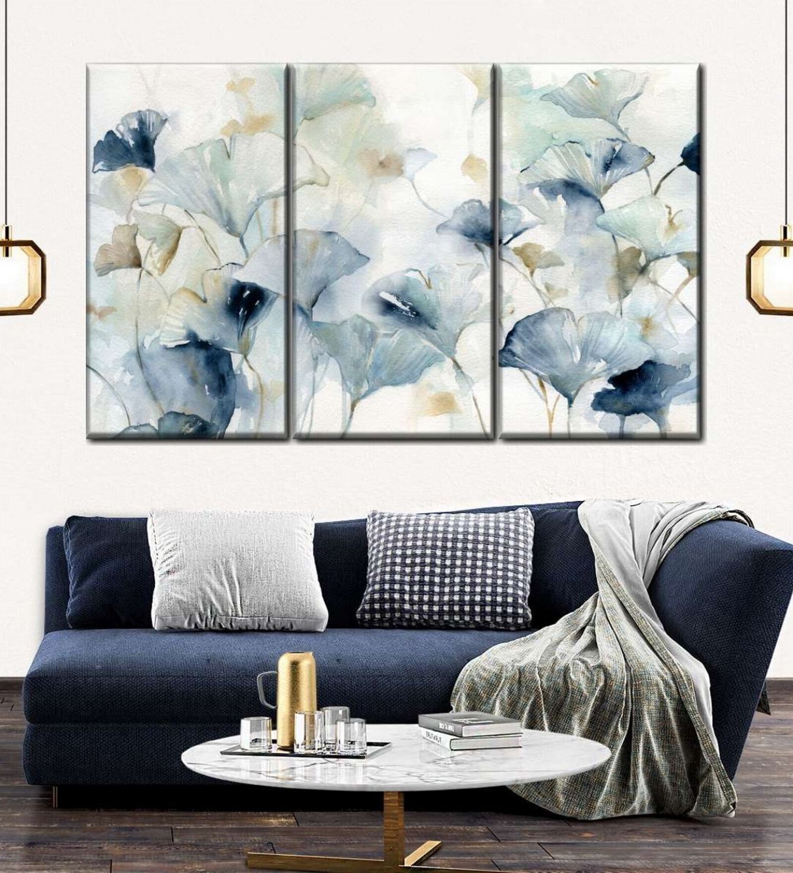 Blue Floral Foyer Printed Framed Wall Art Panels ( Set Of 3)