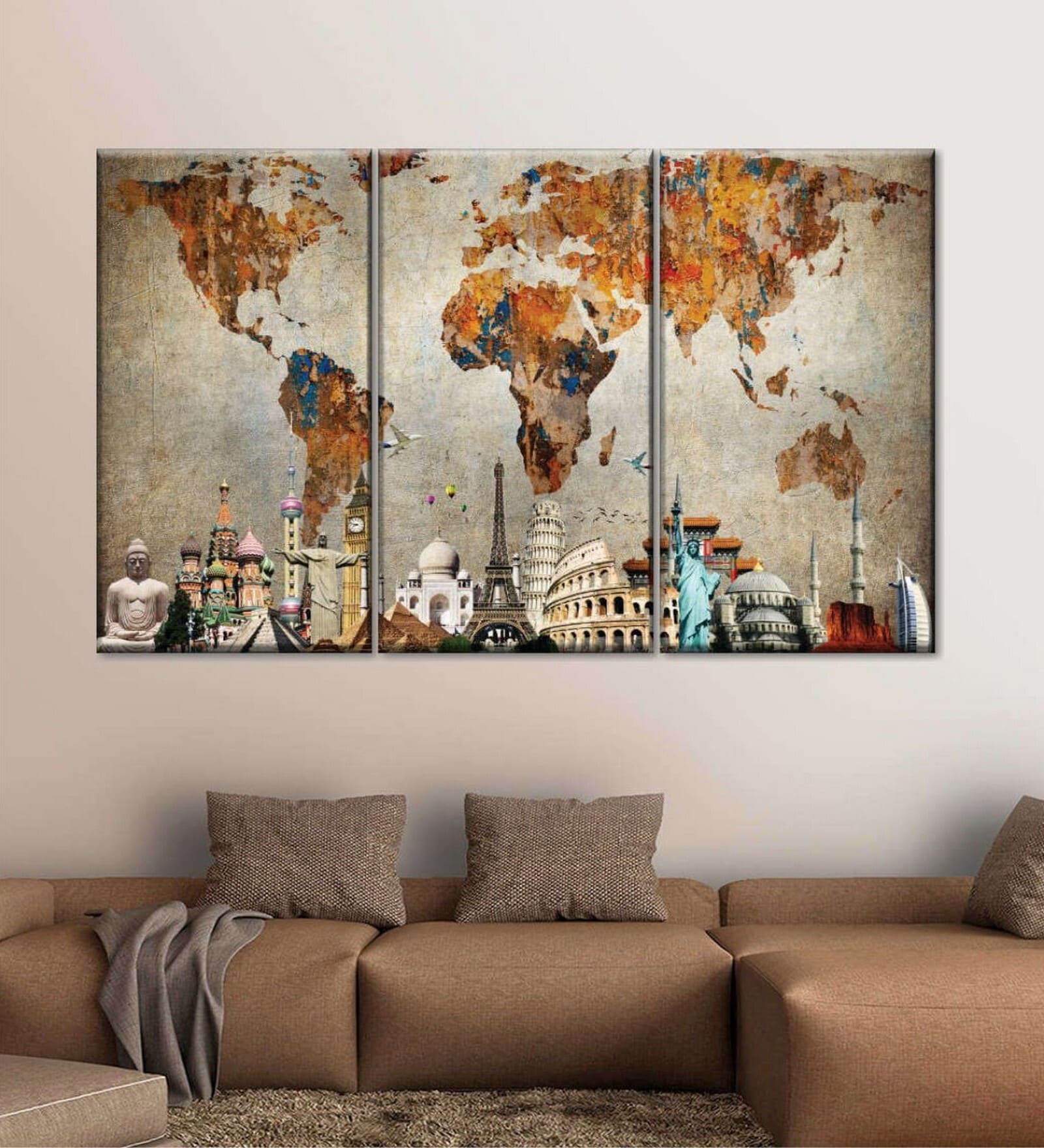 Brown Blue Wonder Of World Map Push Pin Printed Framed Wall Art Panels ( Set Of 3)