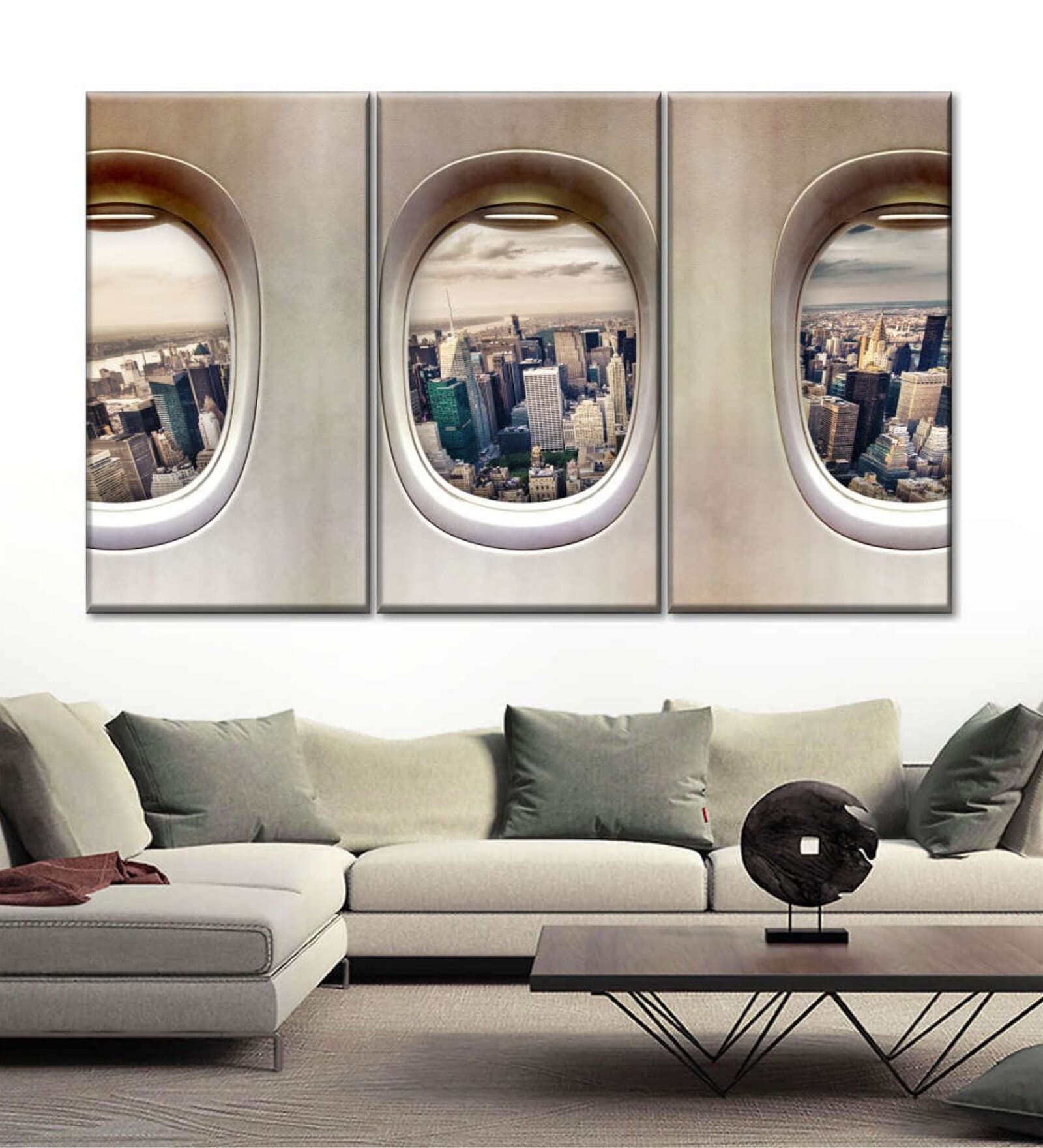 Brown White Airplane Windows Printed Framed Wall Art Panels ( Set Of 3)