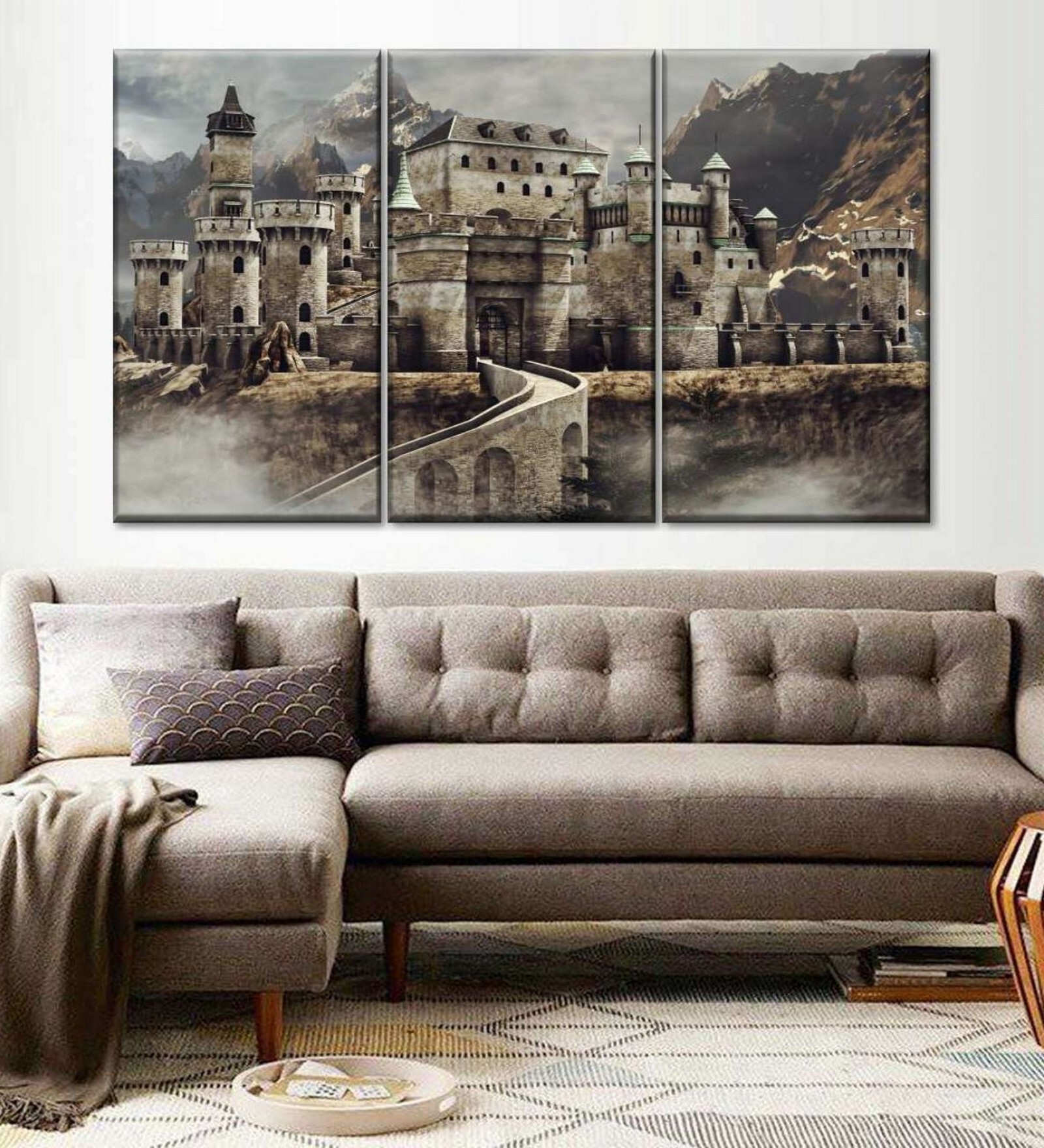 Brown Medieval Castle Panels Canvas Wall Art Panels ( Set Of 3)