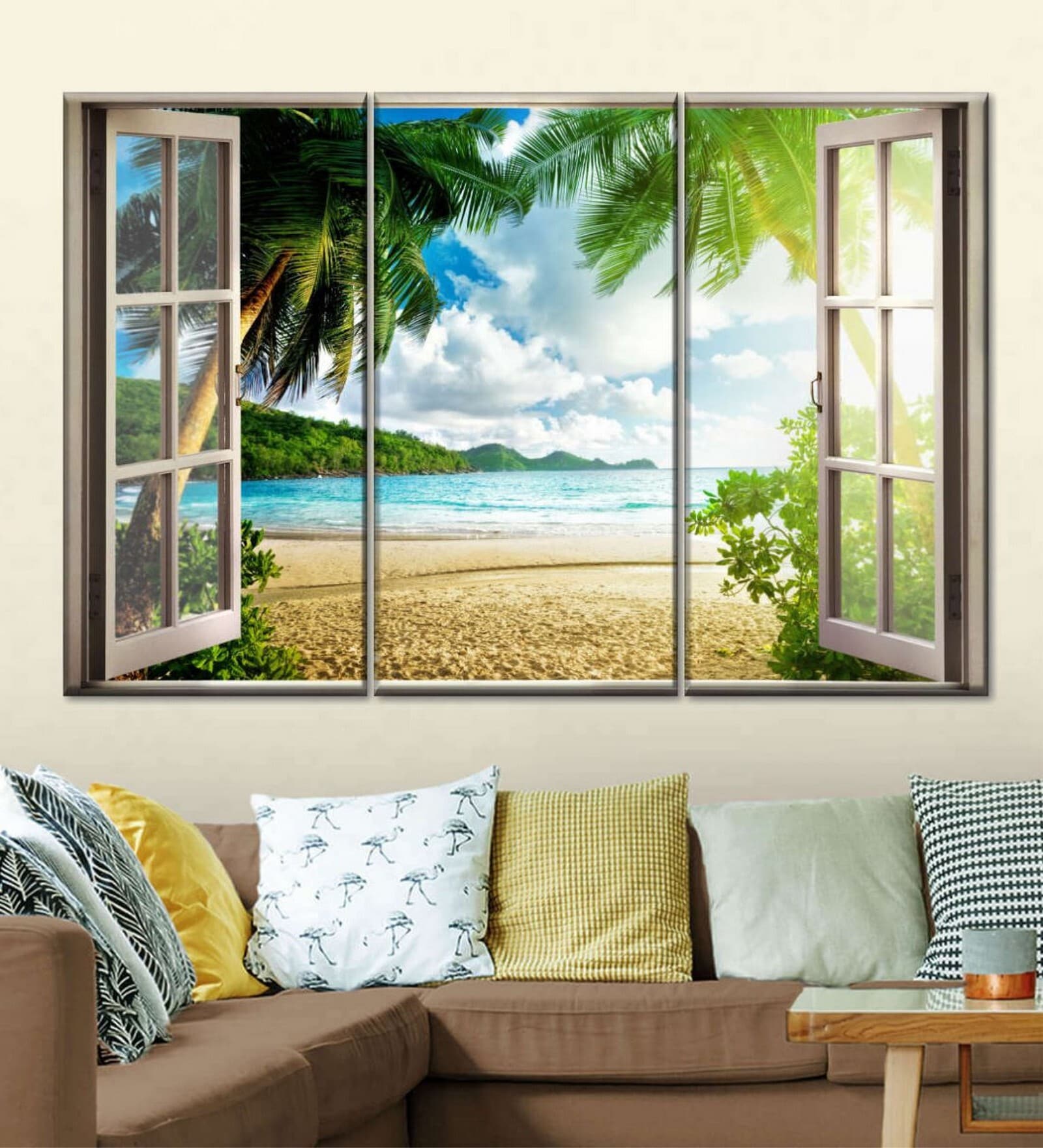 Green & Blue Window To Lush Beach Printed Framed Wall Art Panels ( Set Of 3)