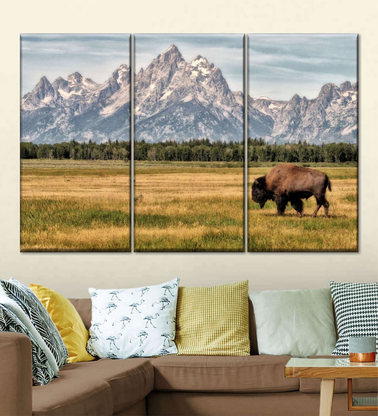 Green Beige Bull Bison In Grand Teton Printed Framed Wall Art Panels ( Set Of 3)