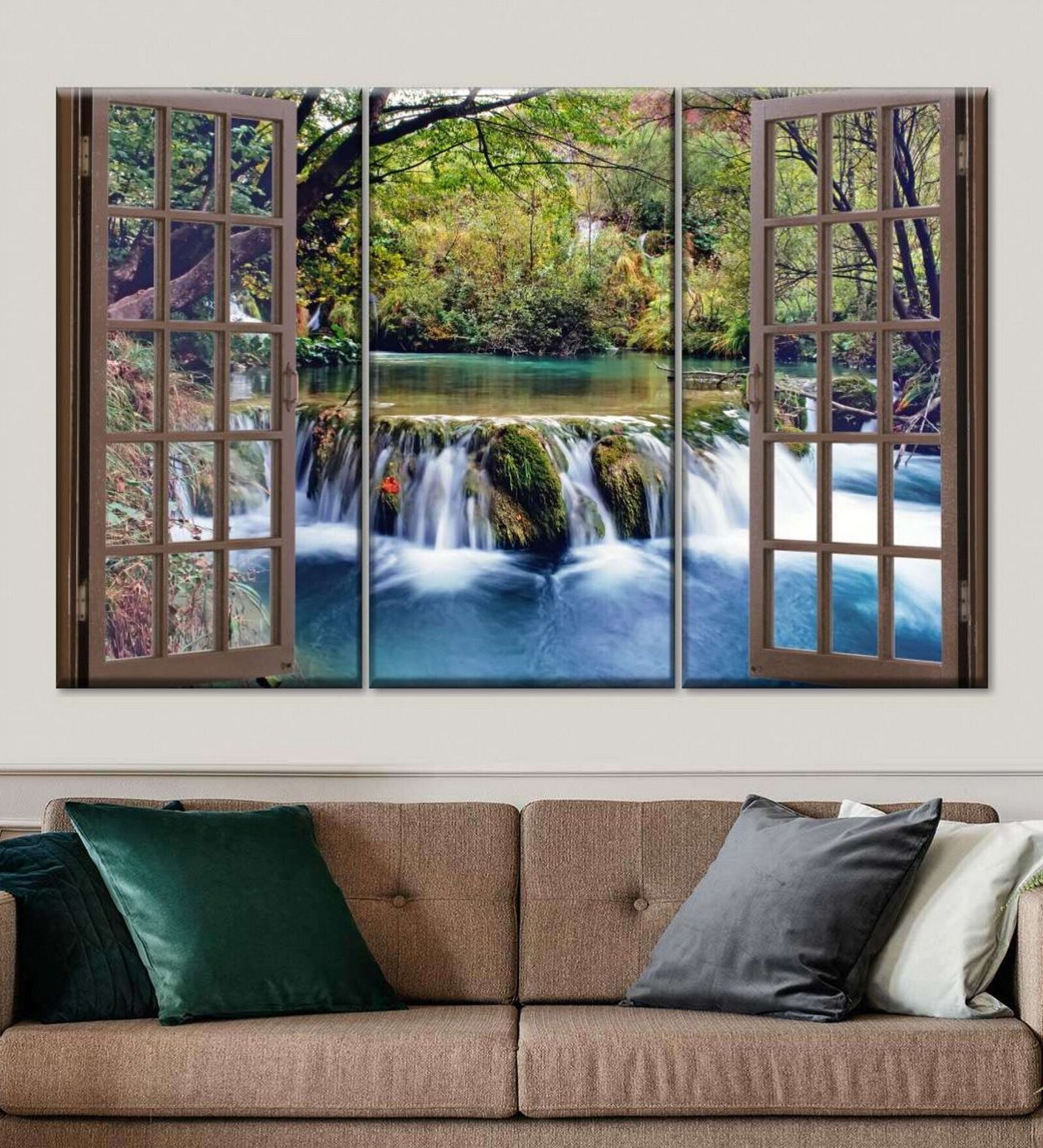 Green Blue Open Window Framed Wall Art Panels ( Set Of 3)