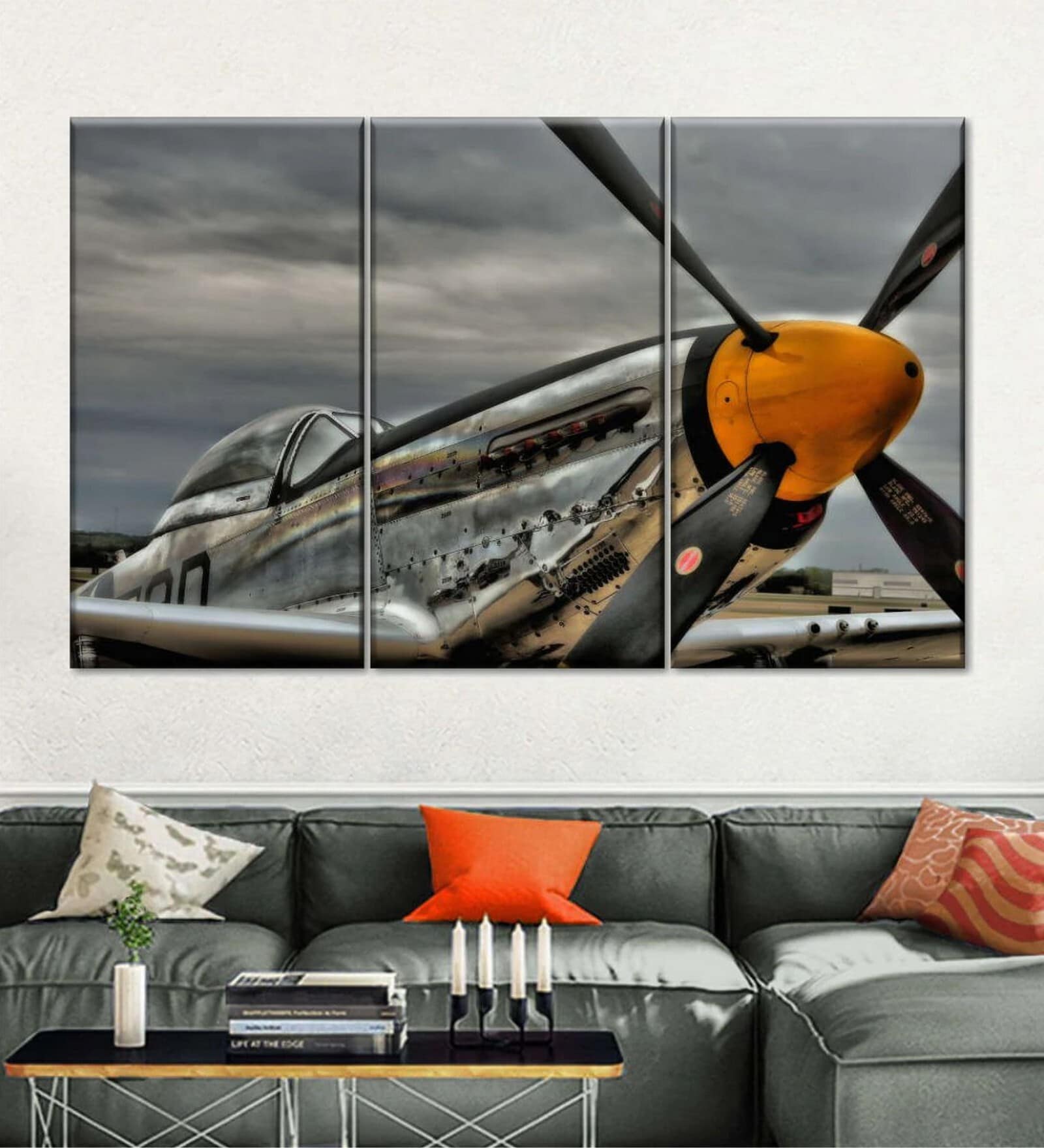 Grey Black Mustang Fighter Airplane Printed Framed Wall Art Panels ( Set Of 3)