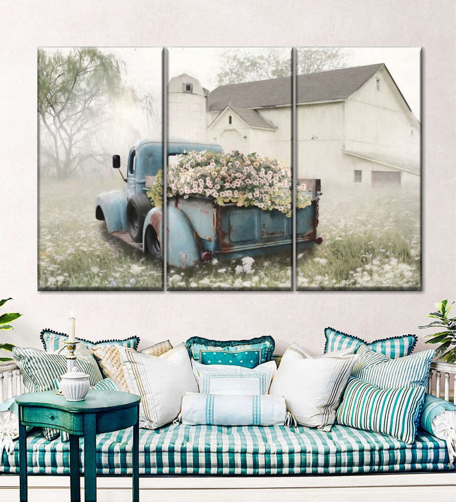 Grey Blue Full OF Flowers Panels Frame Wall Art Panels ( Set Of 3)