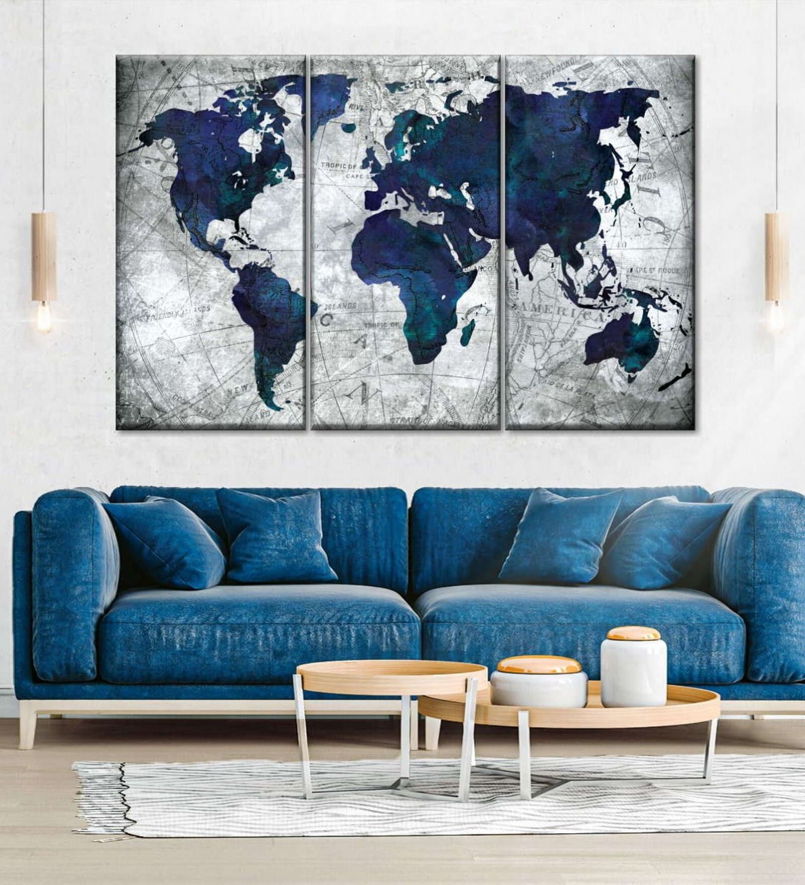 Grey Blue World Map Framed Wall Art Panels ( Set Of 3)