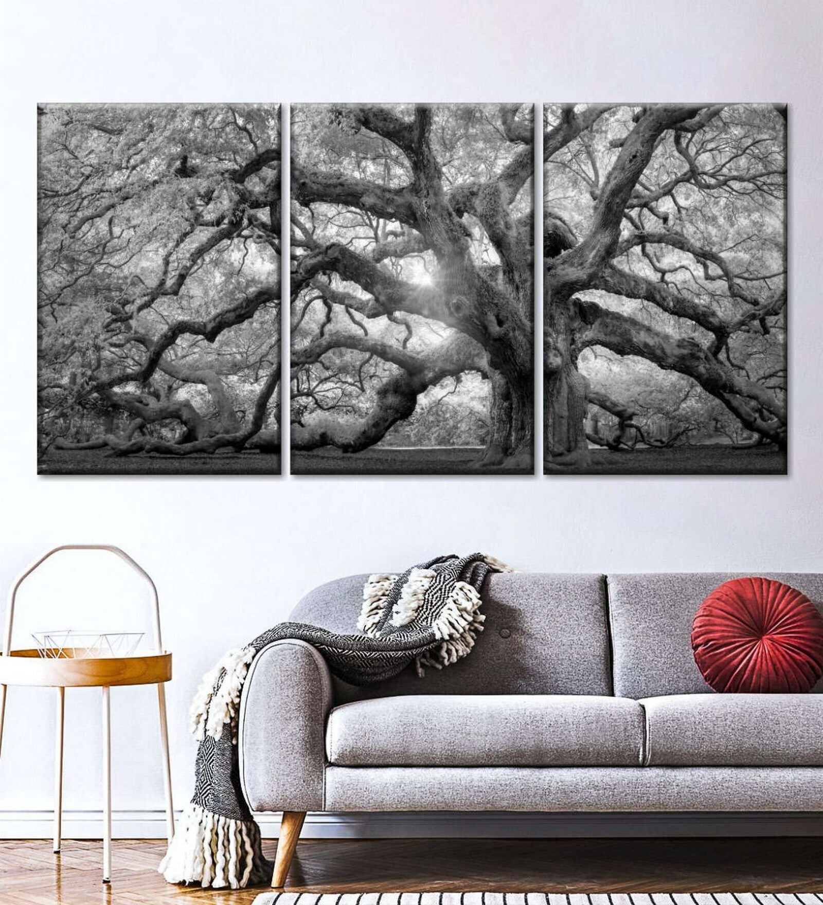 Grey White Monochrome Angel Oak Tree Printed Framed Wall Art Panels ( Set Of 3)