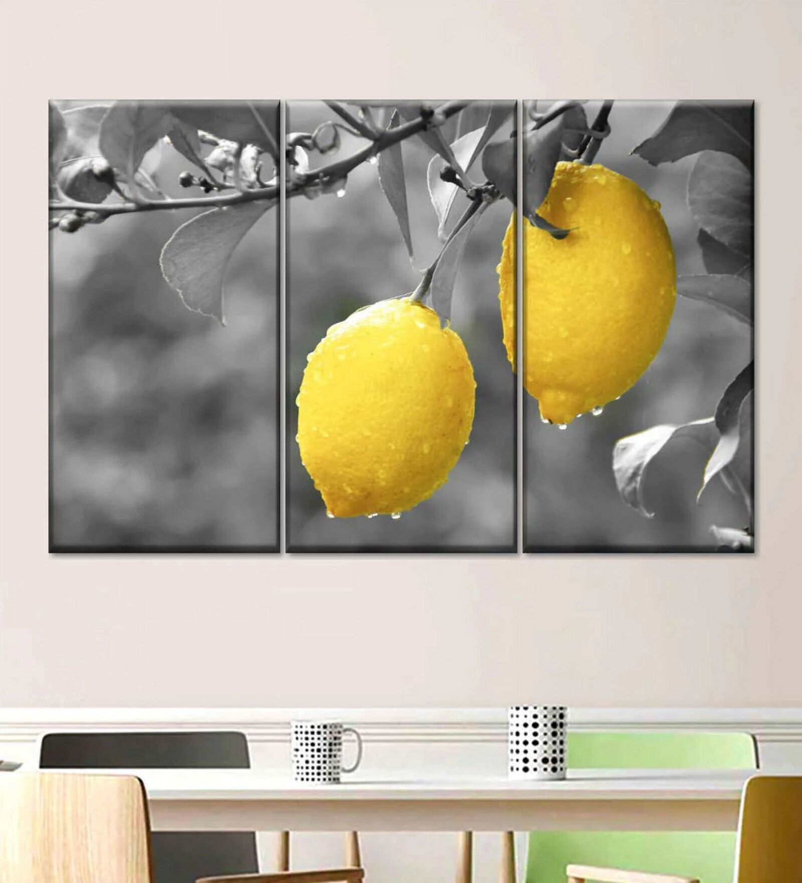 Grey Yellow Lemons Pop Printed Framed Wall Art Panels ( Set Of 3)