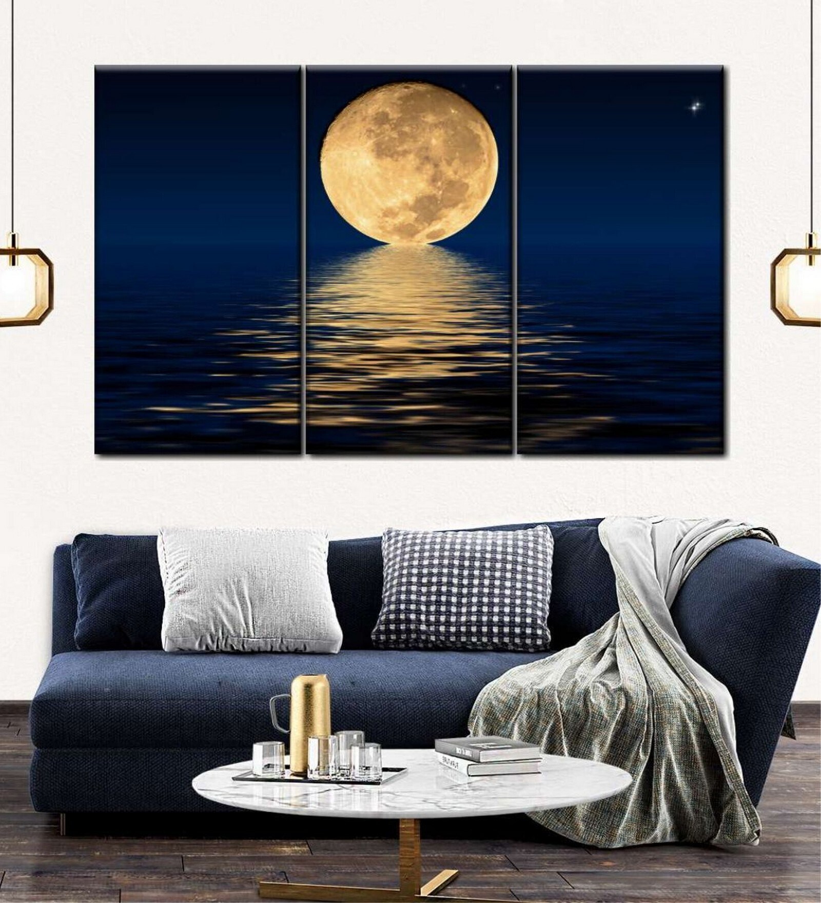 Orange Blue Moon Light Panels Canvas Wall Art Panels ( Set Of 3)