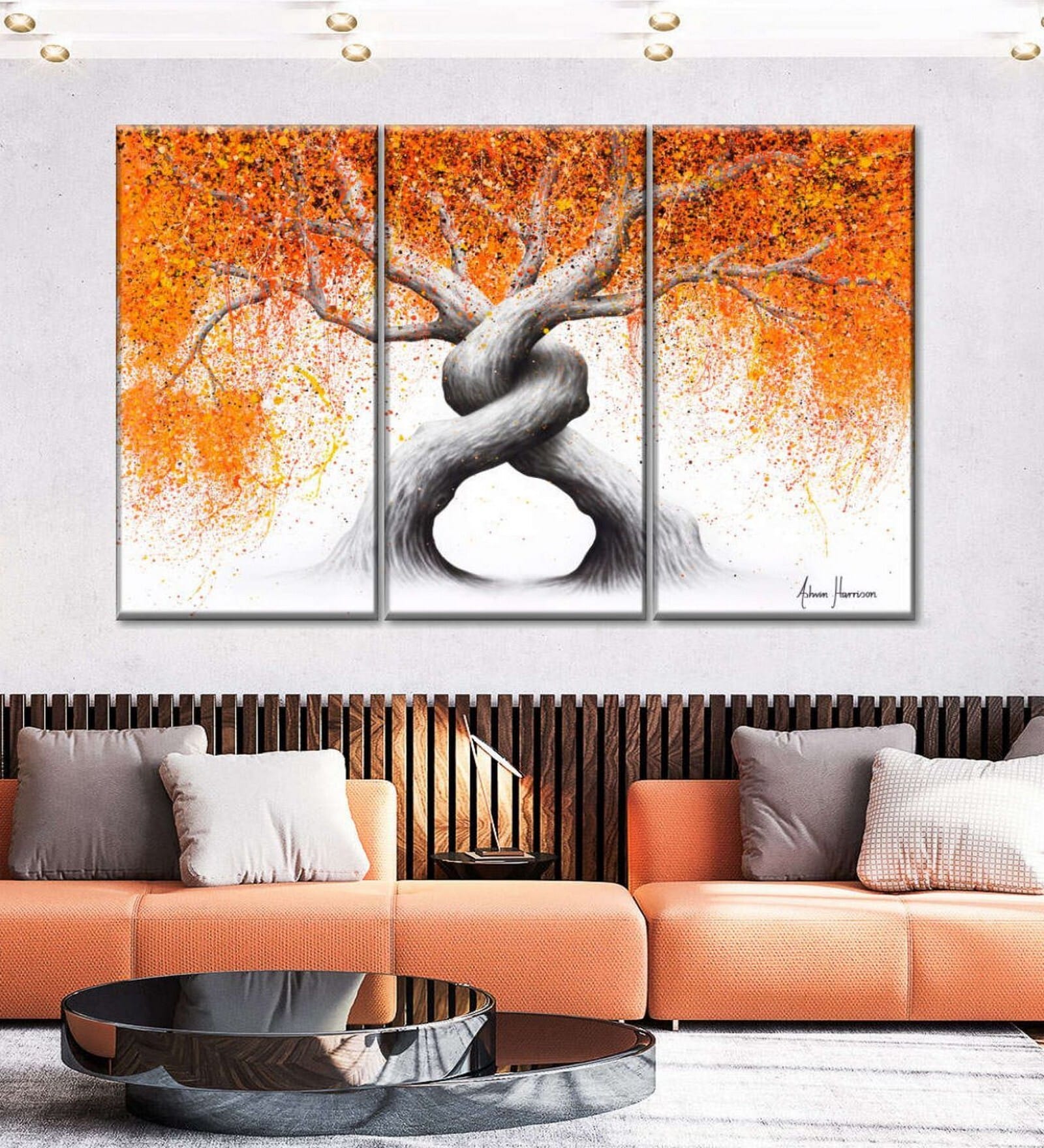 Orange Grey Twisting Love Trees Panels Frame Wall Art Panels ( Set Of 3)