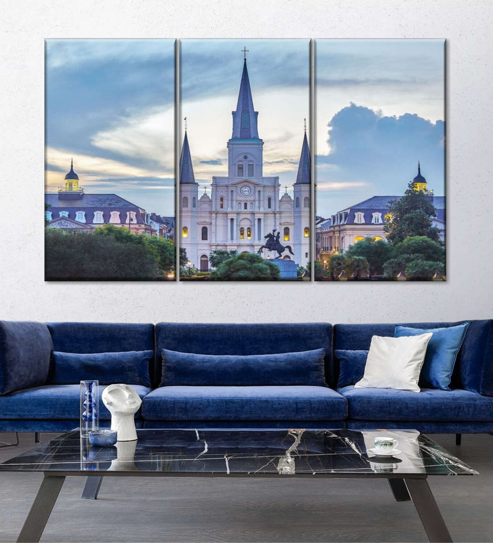 White Blue Palatial St. Louis Cathedral Printed Wall Art Panels ( Set Of 3)