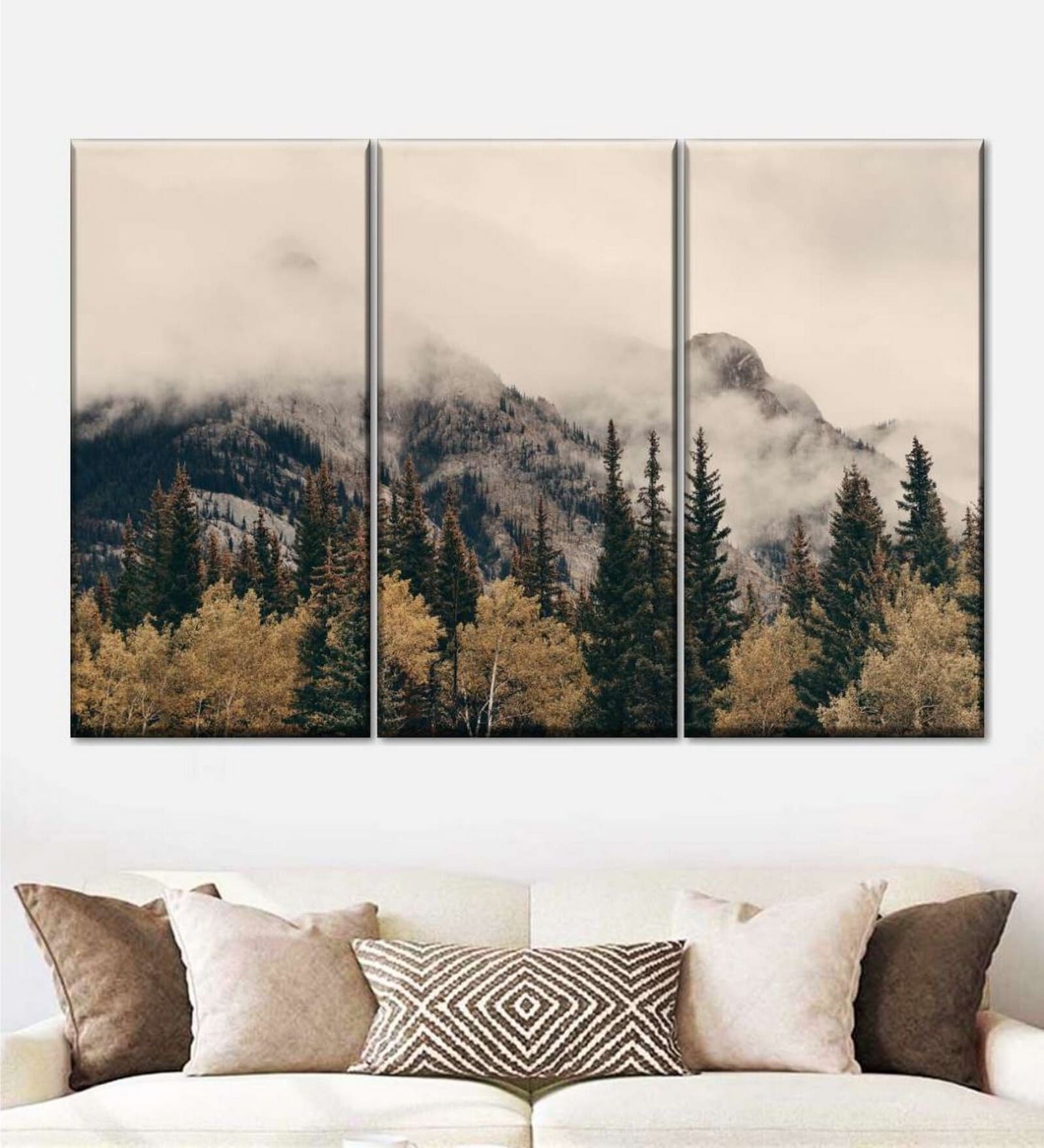 White Green Foggy Banff National Park Wall Art Panels ( Set Of 3)