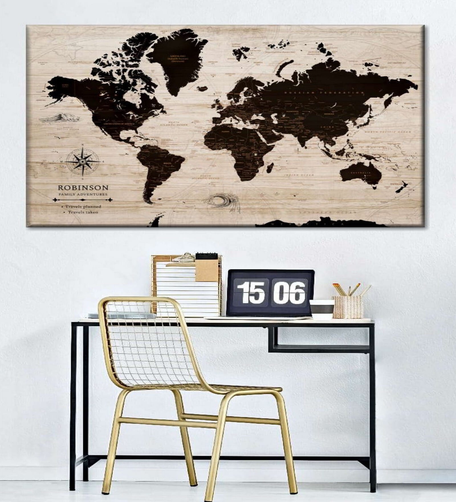 Beige & Black World Map Printed Wall Art