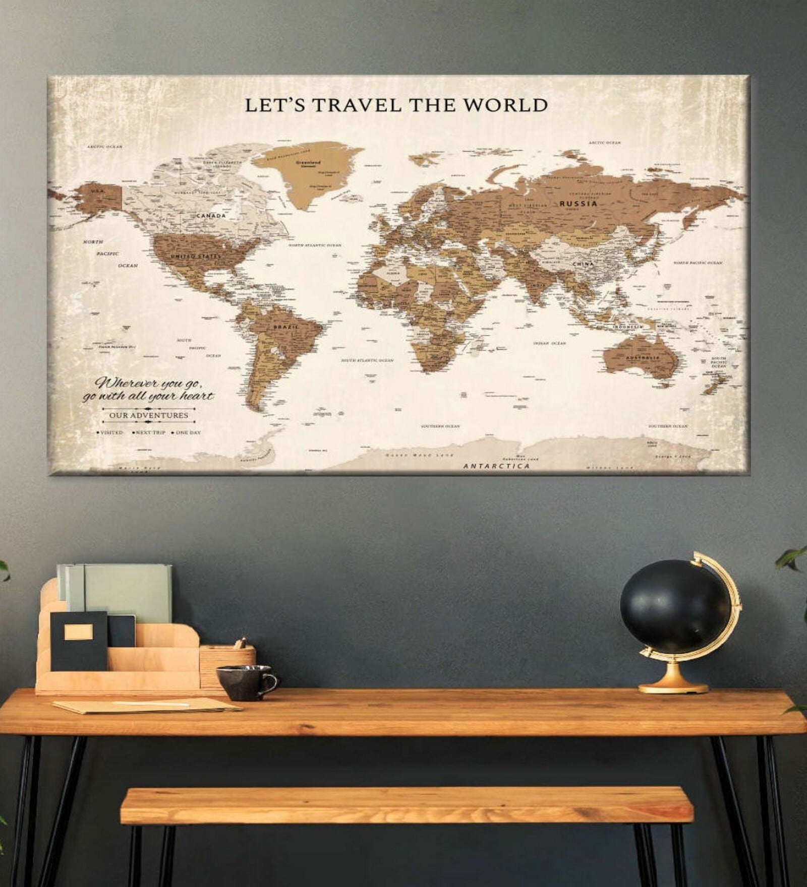 Beige Brown World Map Printed Wall Art