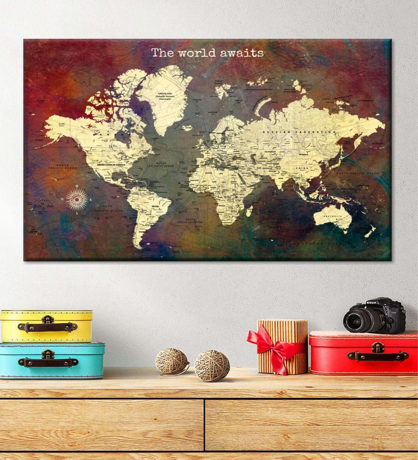 Beige Maroon World Map Printed Framed Wall Art