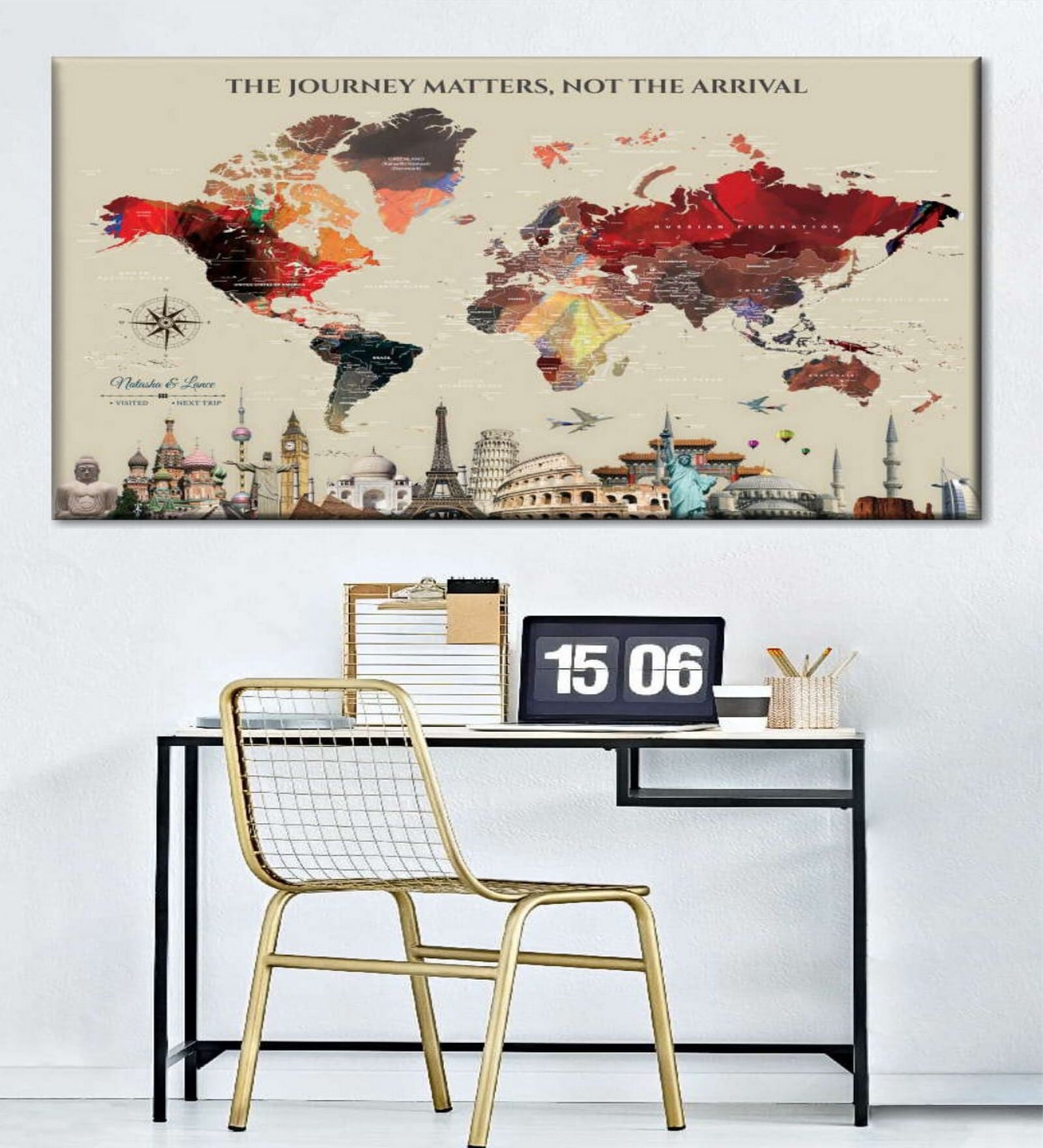 Beige Red World Map Painting Wall Art