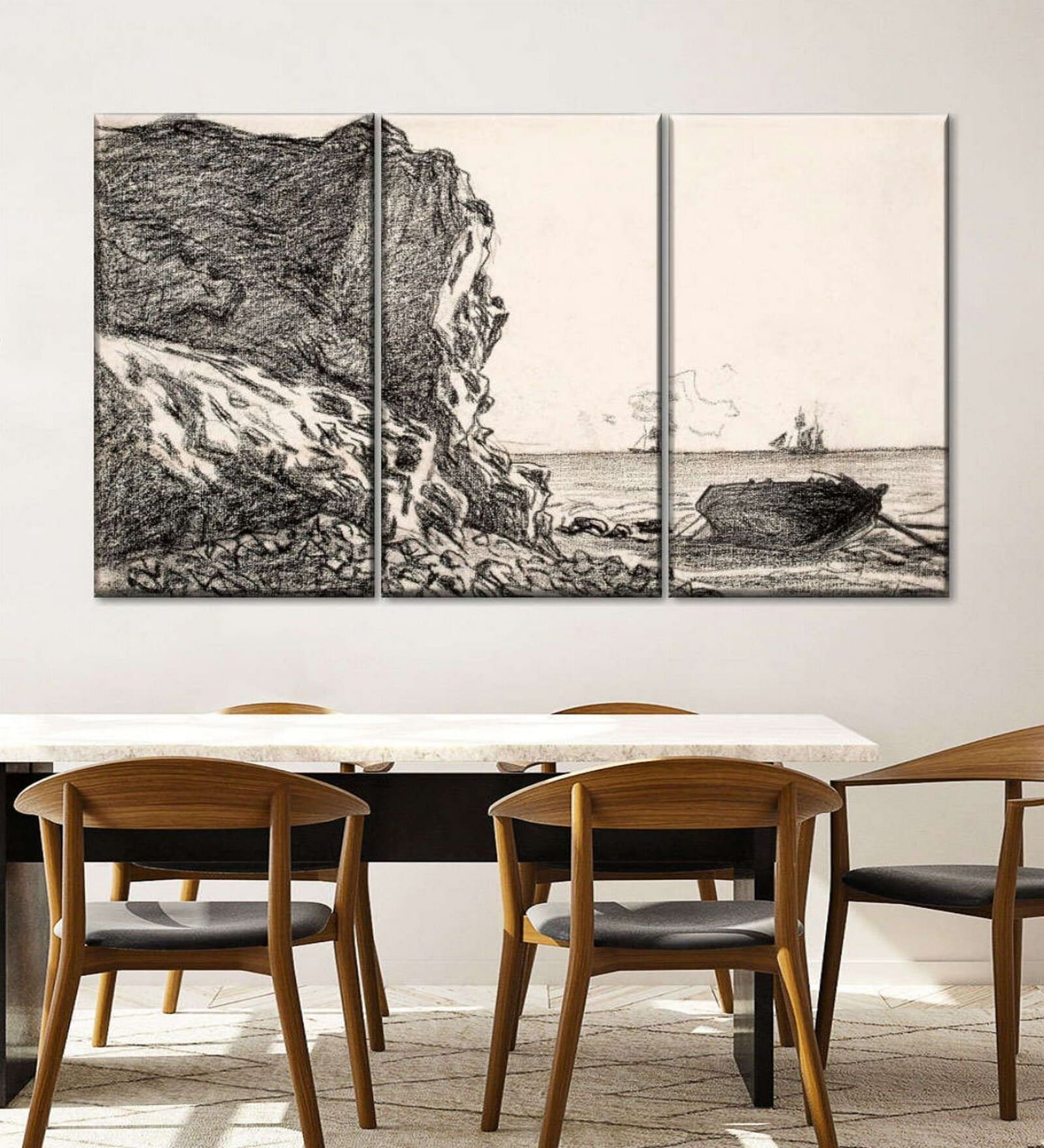 Black Beige Cliffs And Sea Sainte-Adresse Painting Wall Art Panels ( Set Of 3)