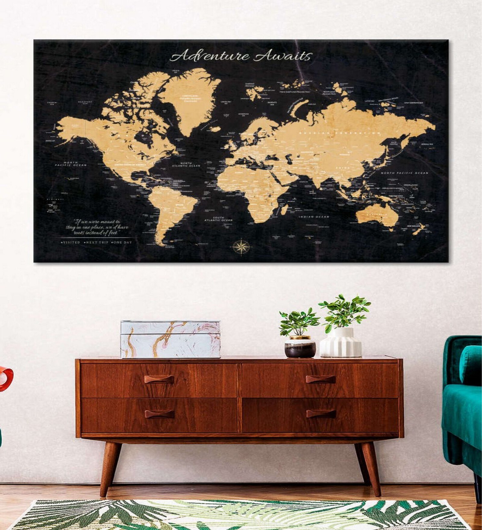 Black Beige World Map Printed Wall Art