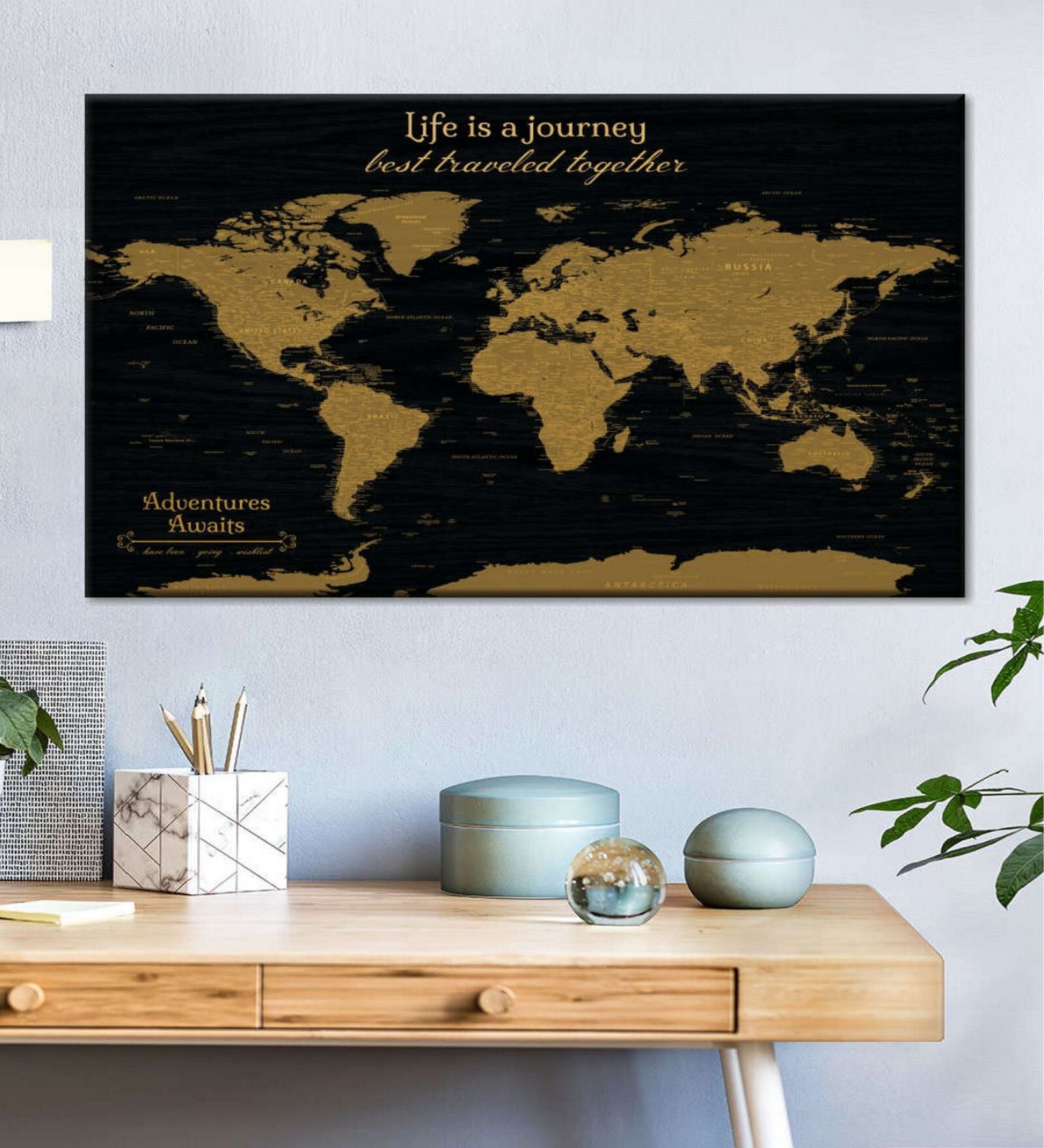 Black Beige World Map Wall Art