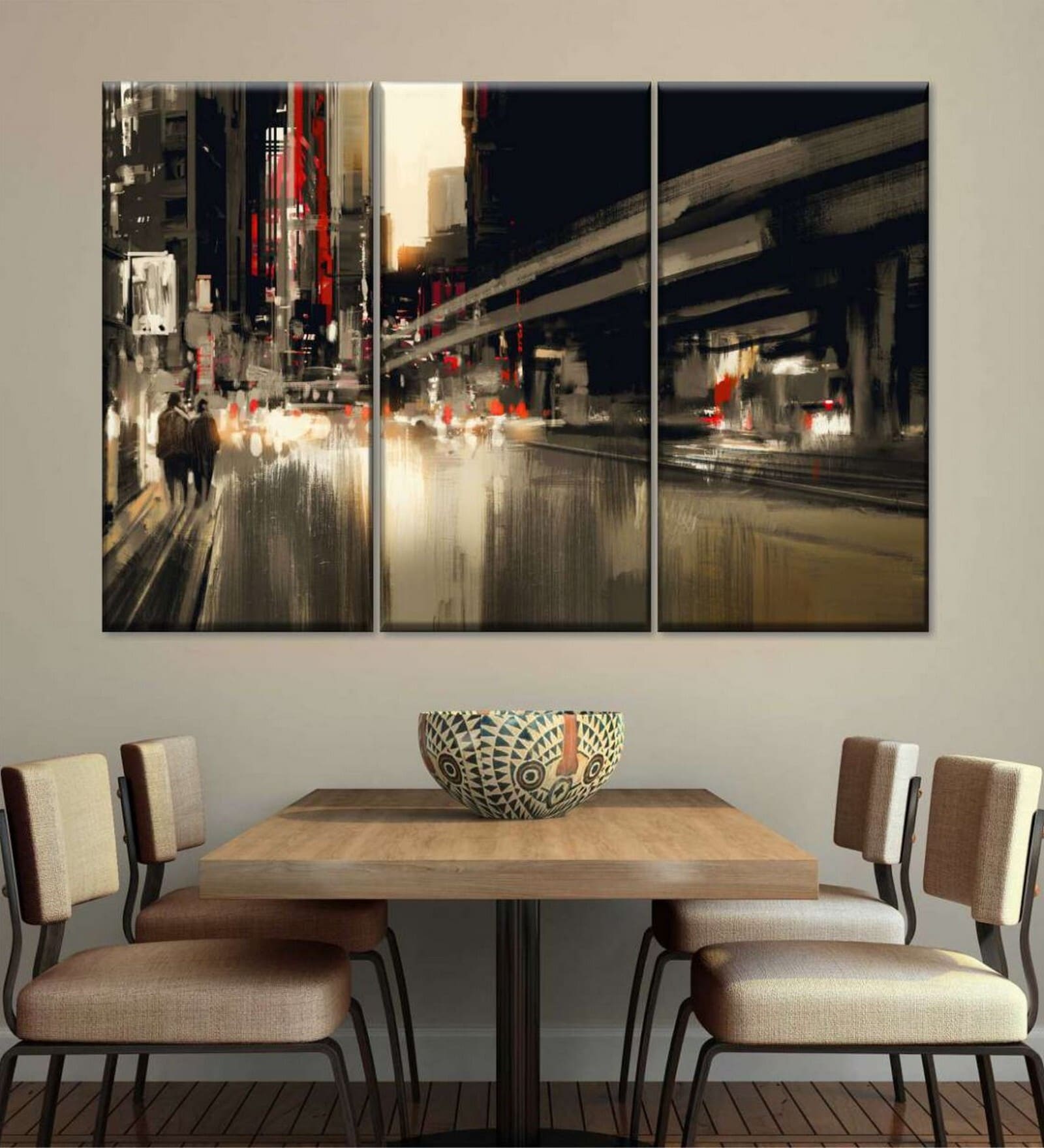 Black Brown City Abstract Painting Wall Art Panels ( Set Of 3)