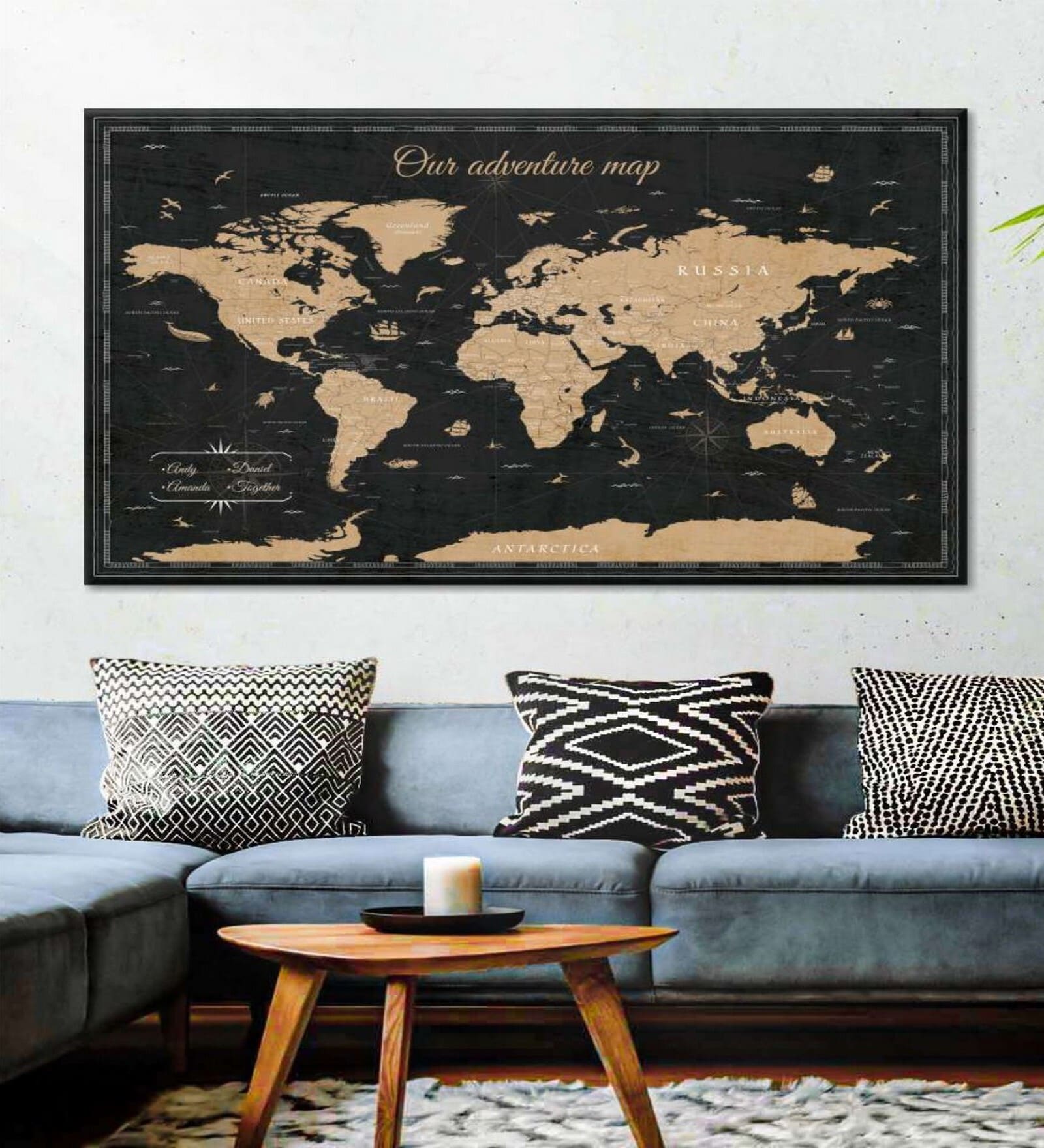 Black Brown World Map Printed Wall Art