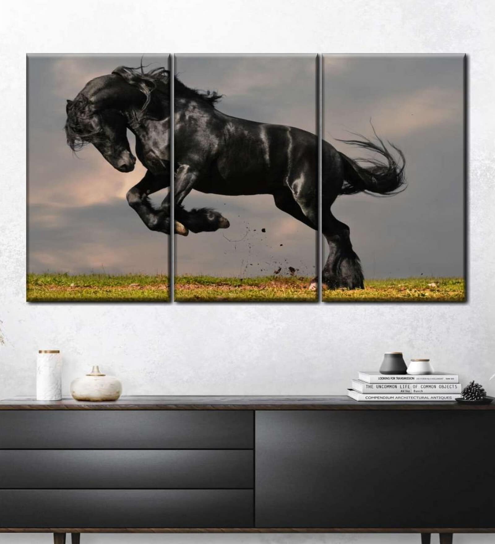 Black Green Striking Friesian Stallion Painting Wall Art Panels ( Set Of 3)