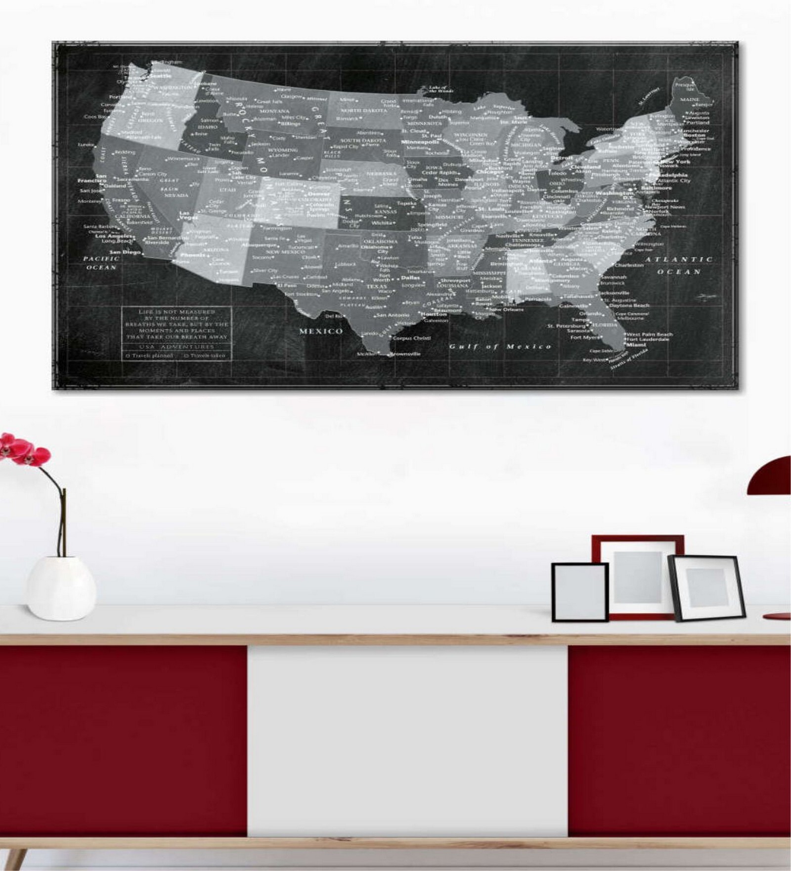 Black Grey World Map Printed Wall Art