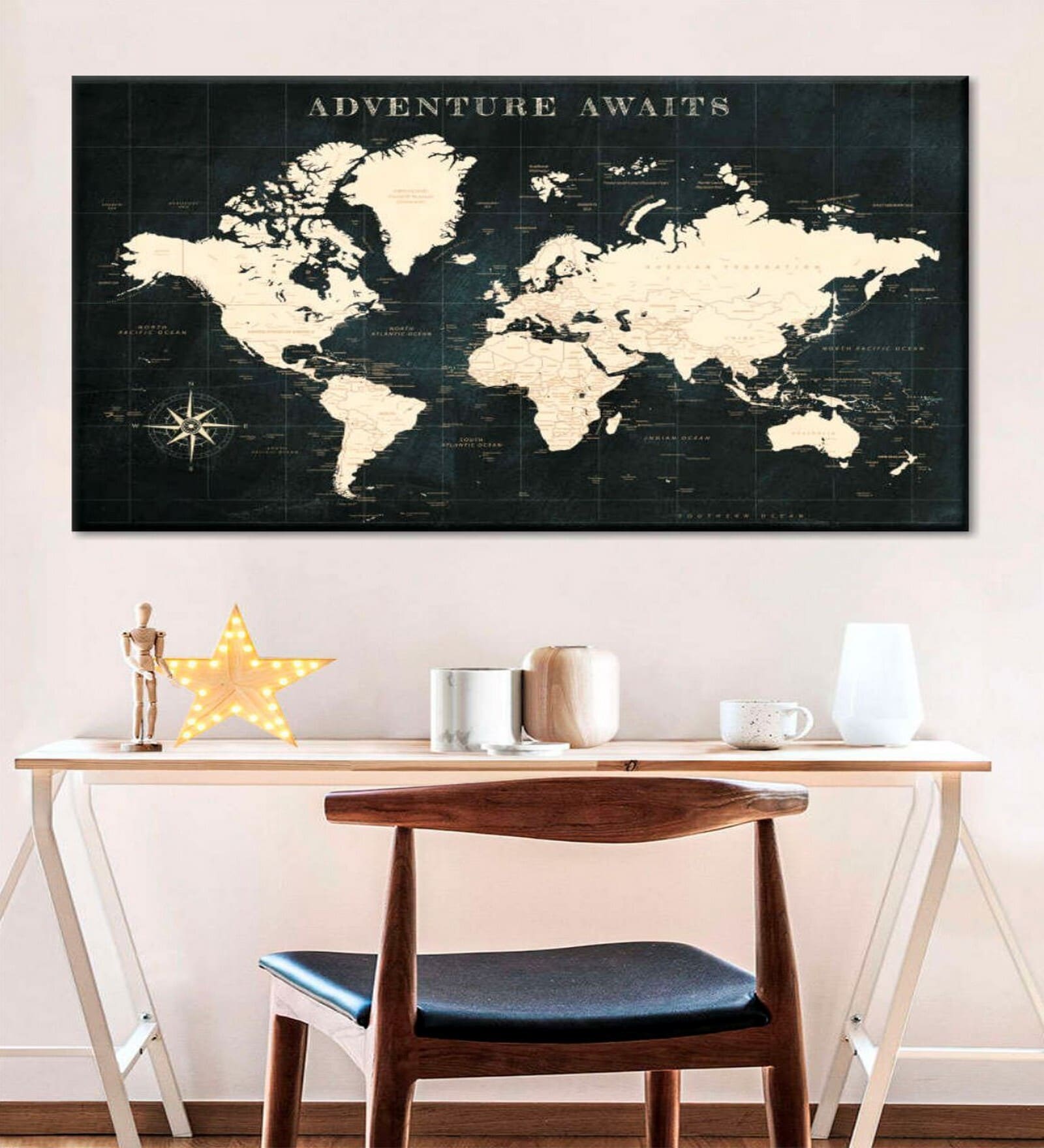 Black Off White World Map Printed Framed Wall Art