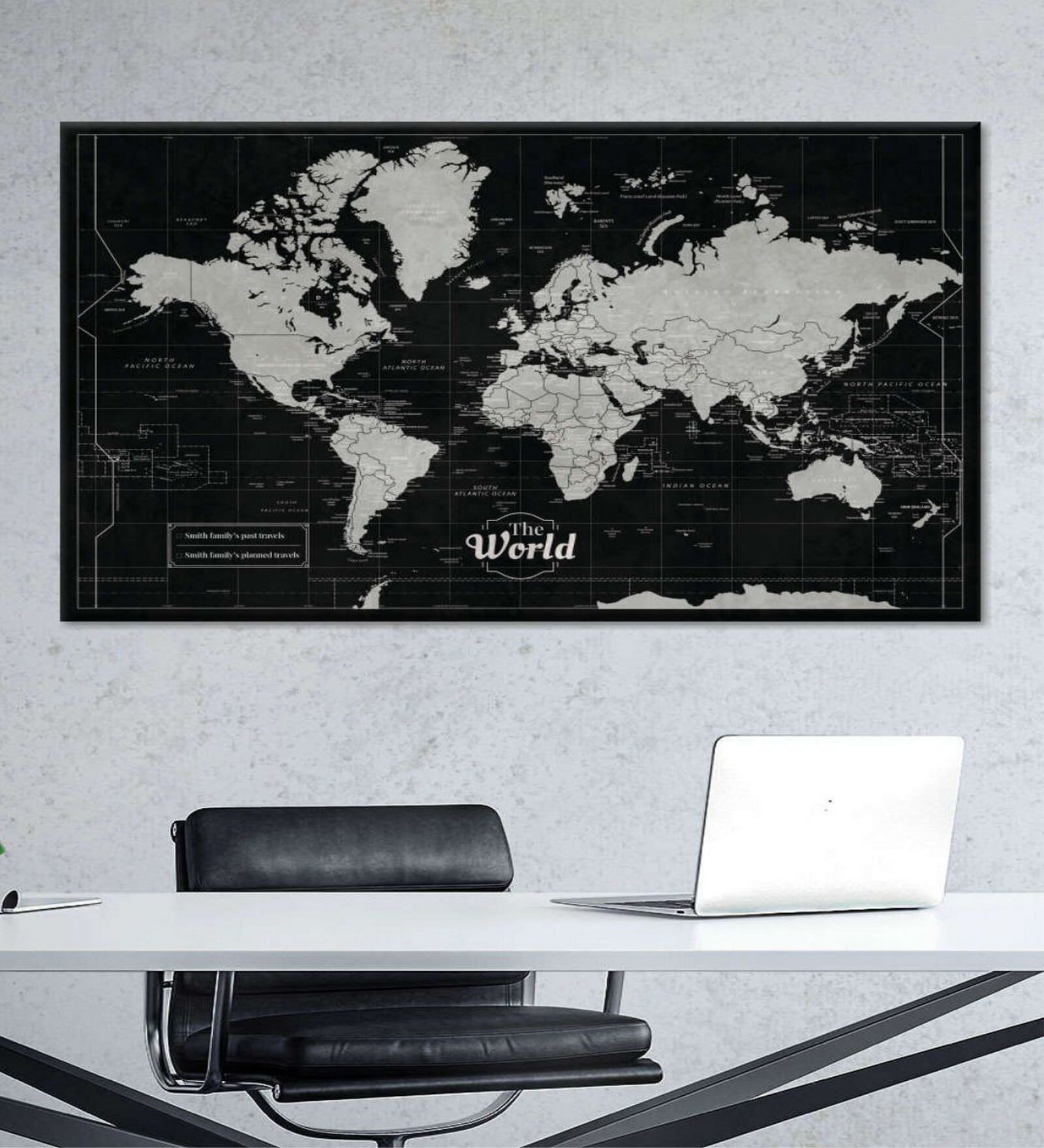 Black White World Map Printed Framed Wall Art
