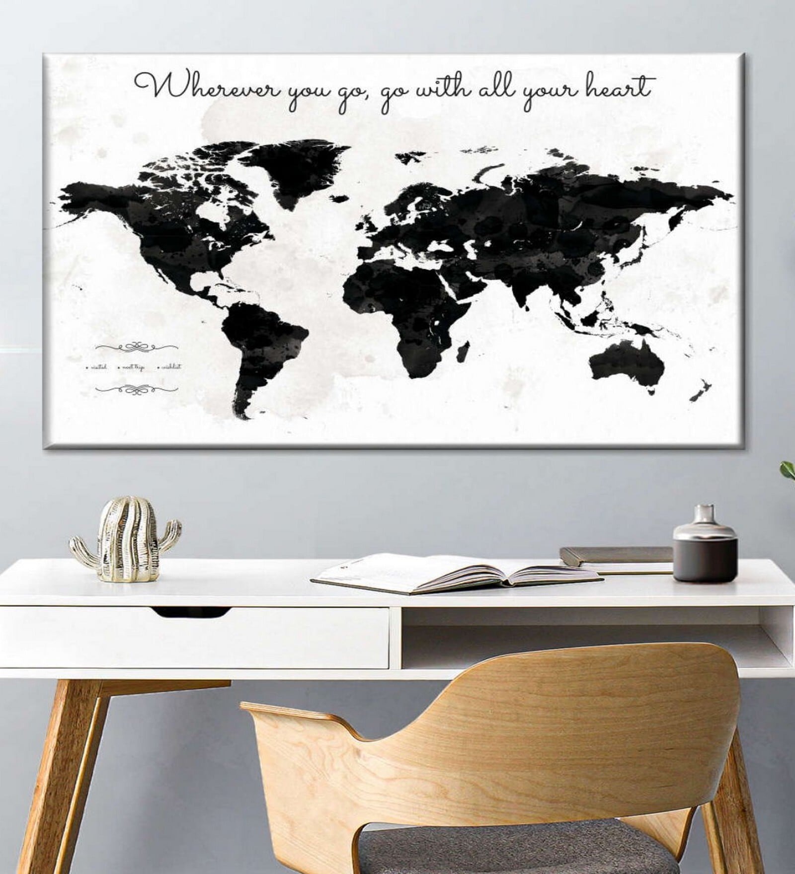 Black White World Map Printed Framed Wall Art