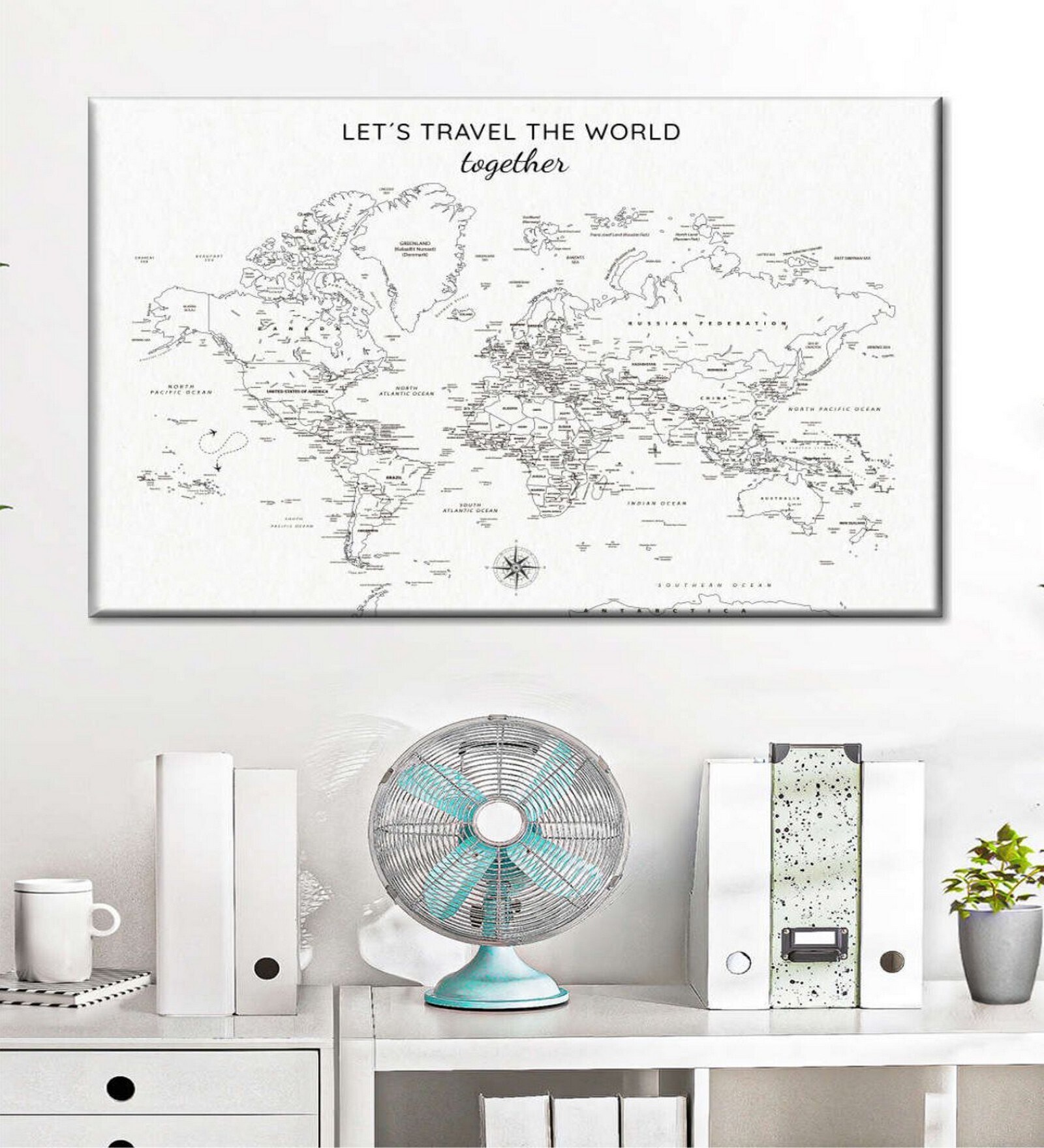 Black White World Map Printed Wall Art