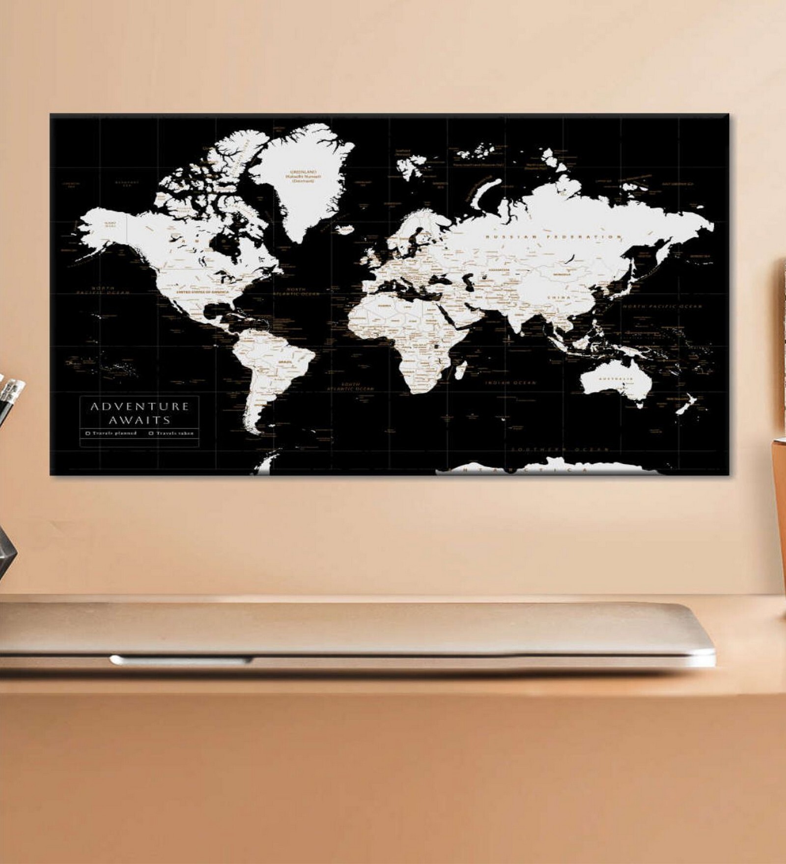 Black White World Map Printed Wall Art