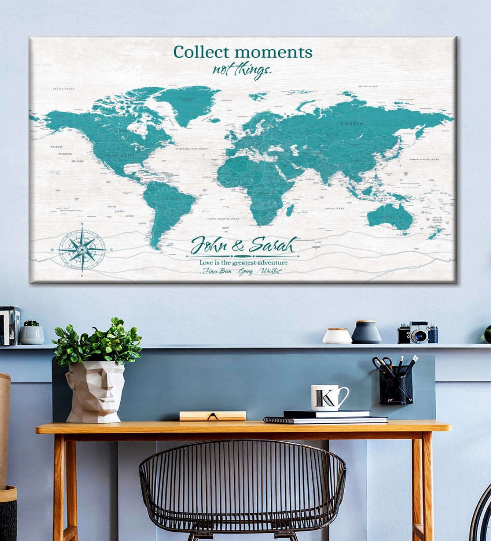Blue & White World Map Printed Wall Art