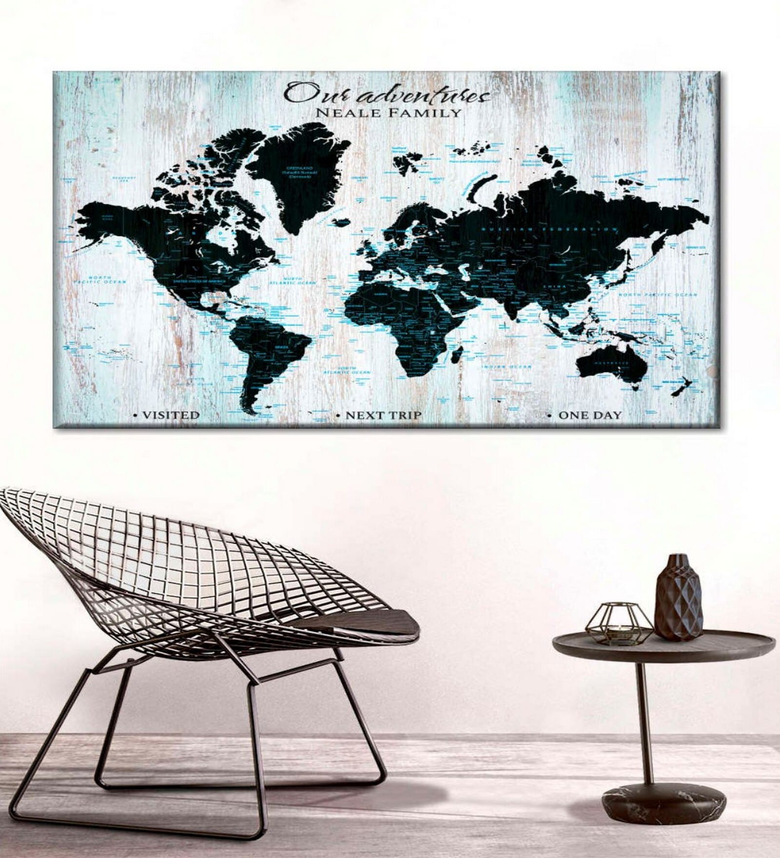 Blue Black World Map Printed Wall Art