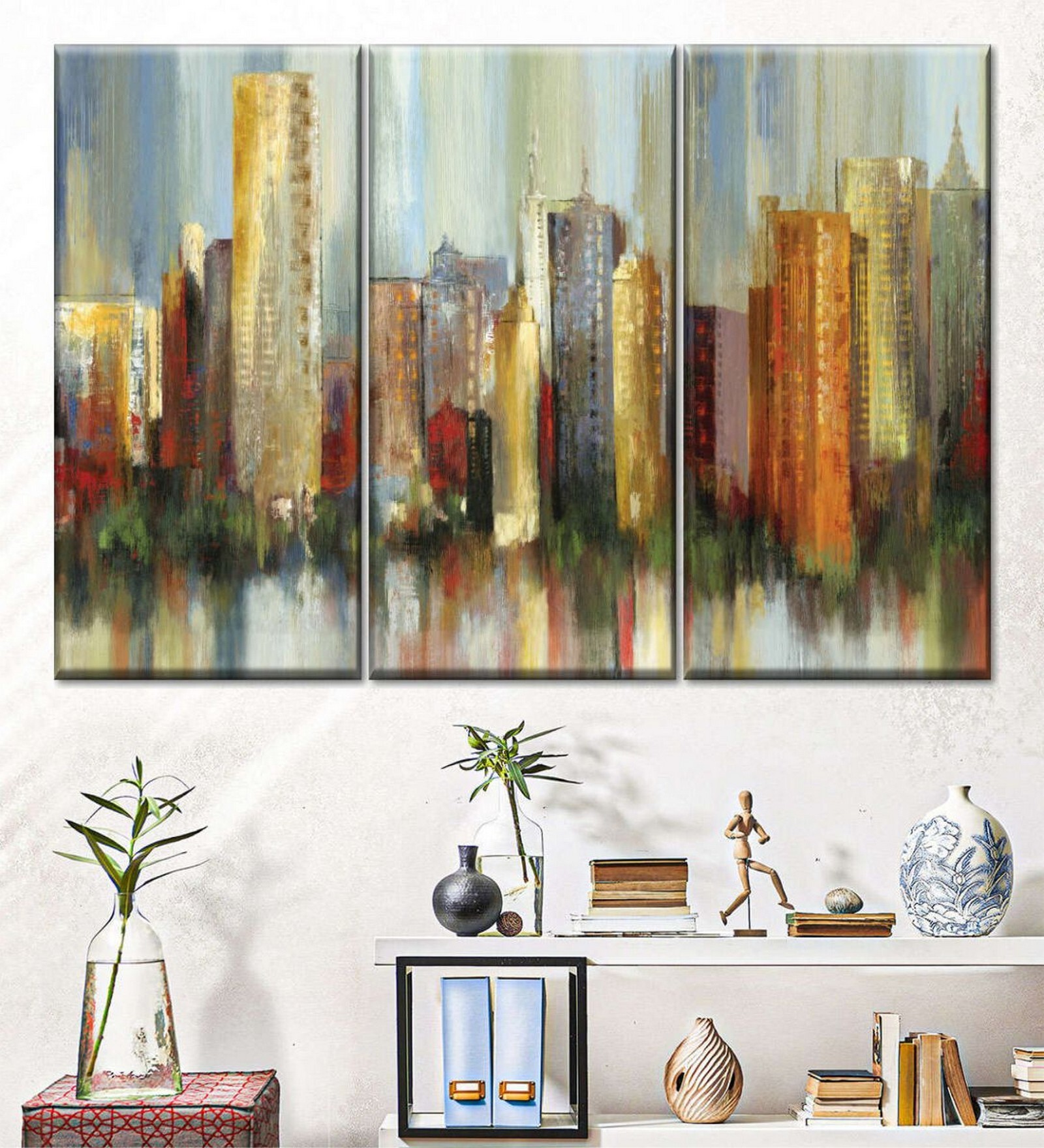 Blue Green Metropolis Painting Wall Art Panels ( Set Of 3)