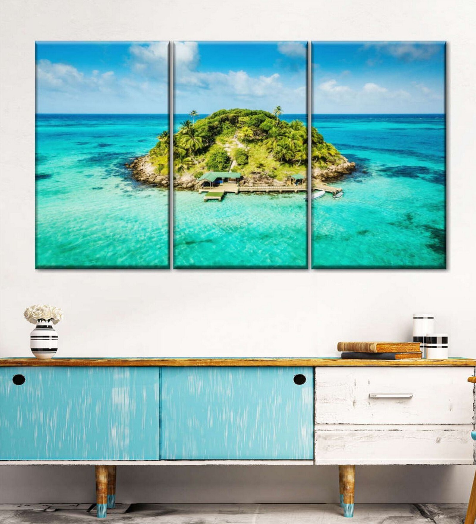 Blue Green San Andres Island Colombia Painting Wall Art Panels ( Set Of 3)