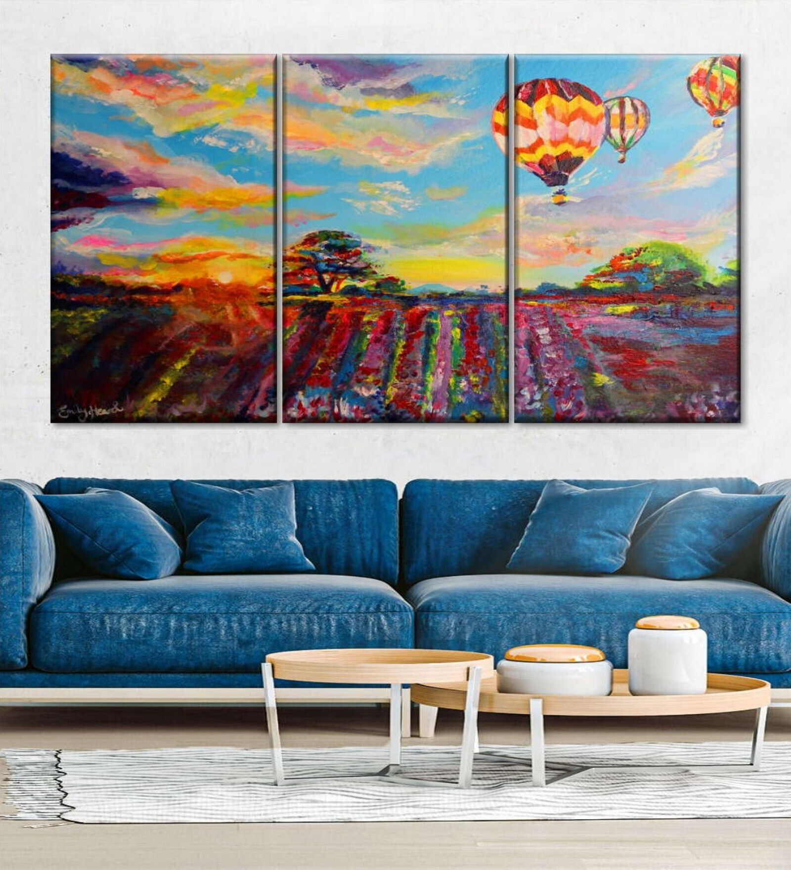 Blue Pink Balloon Skies Abstract Printed Framed Wall Painting ( Set Of 3)