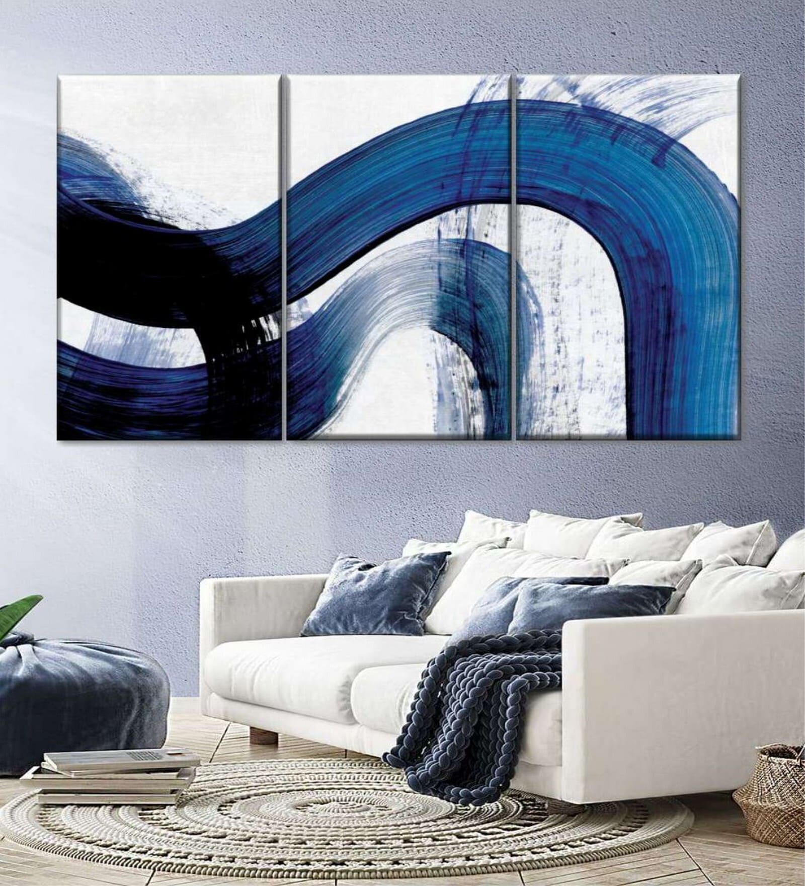 Blue White Abstract Curves Wall Art Panels ( Set Of 3)