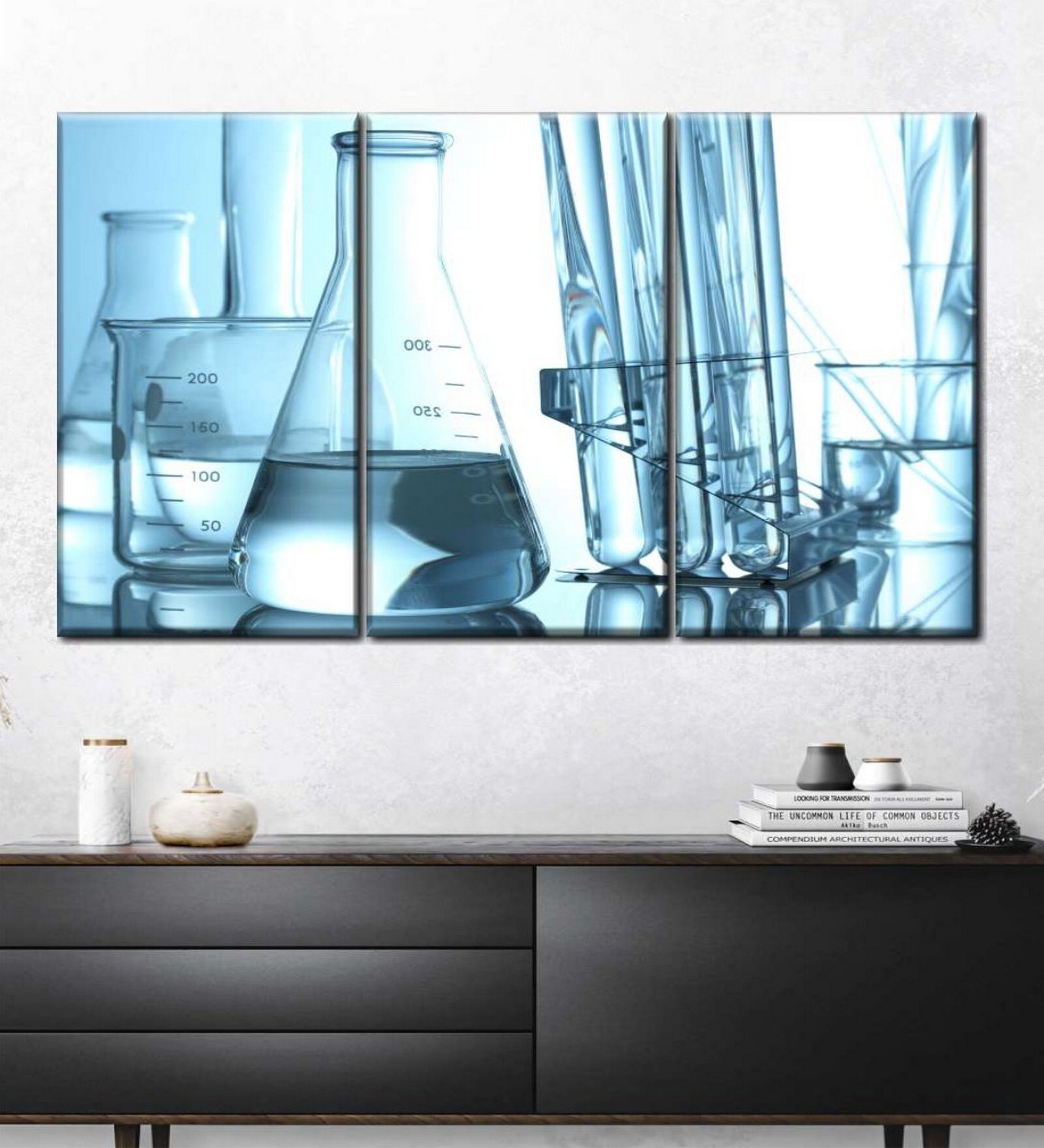 Blue White Glassware For Chemistry Painting Wall Art Panels ( Set Of 3)