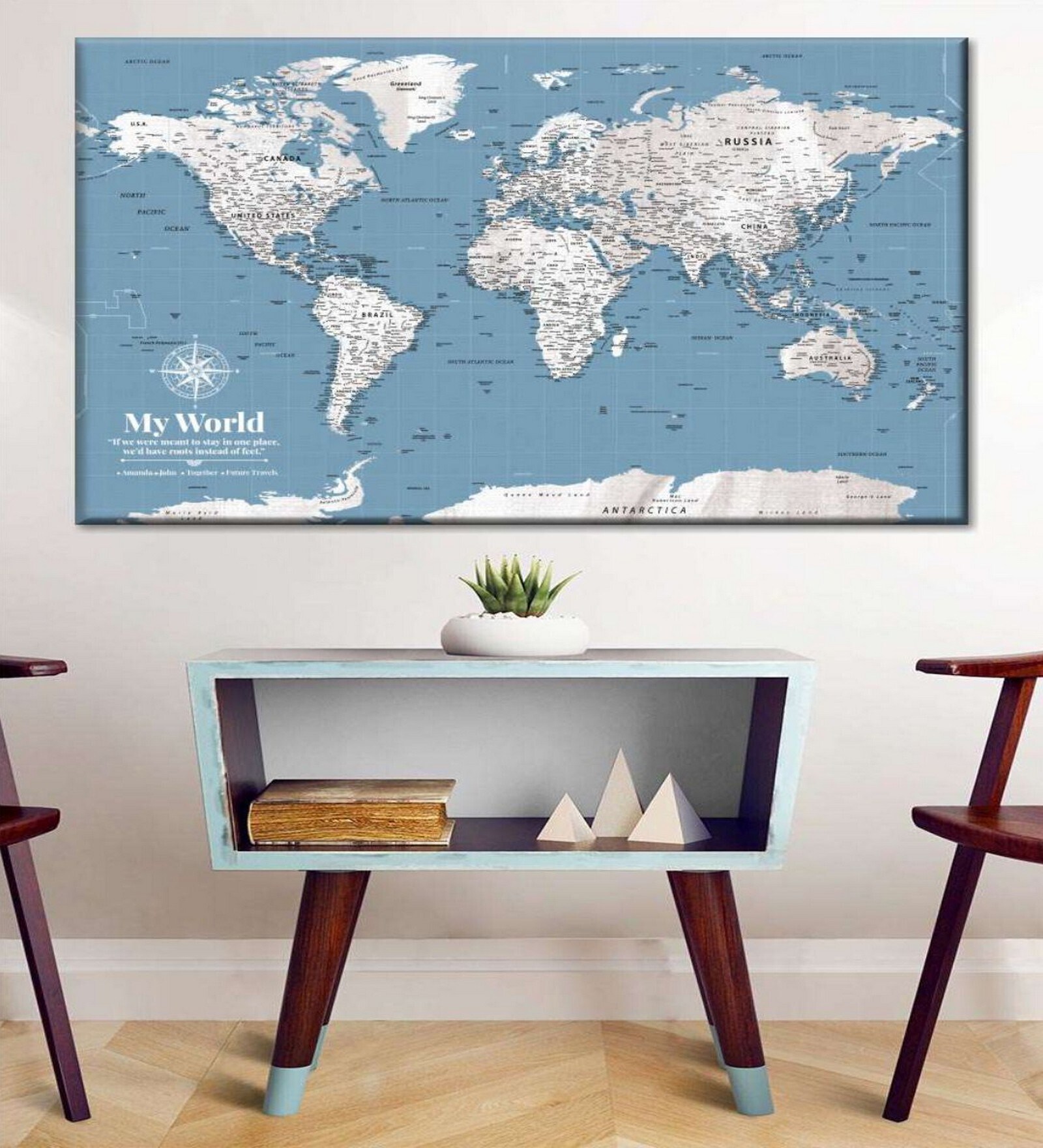 Blue White World Map Painting Wall Art