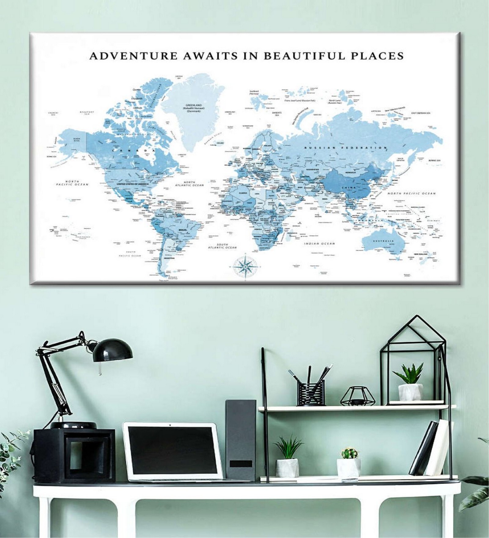 Blue White World Map Wall Art