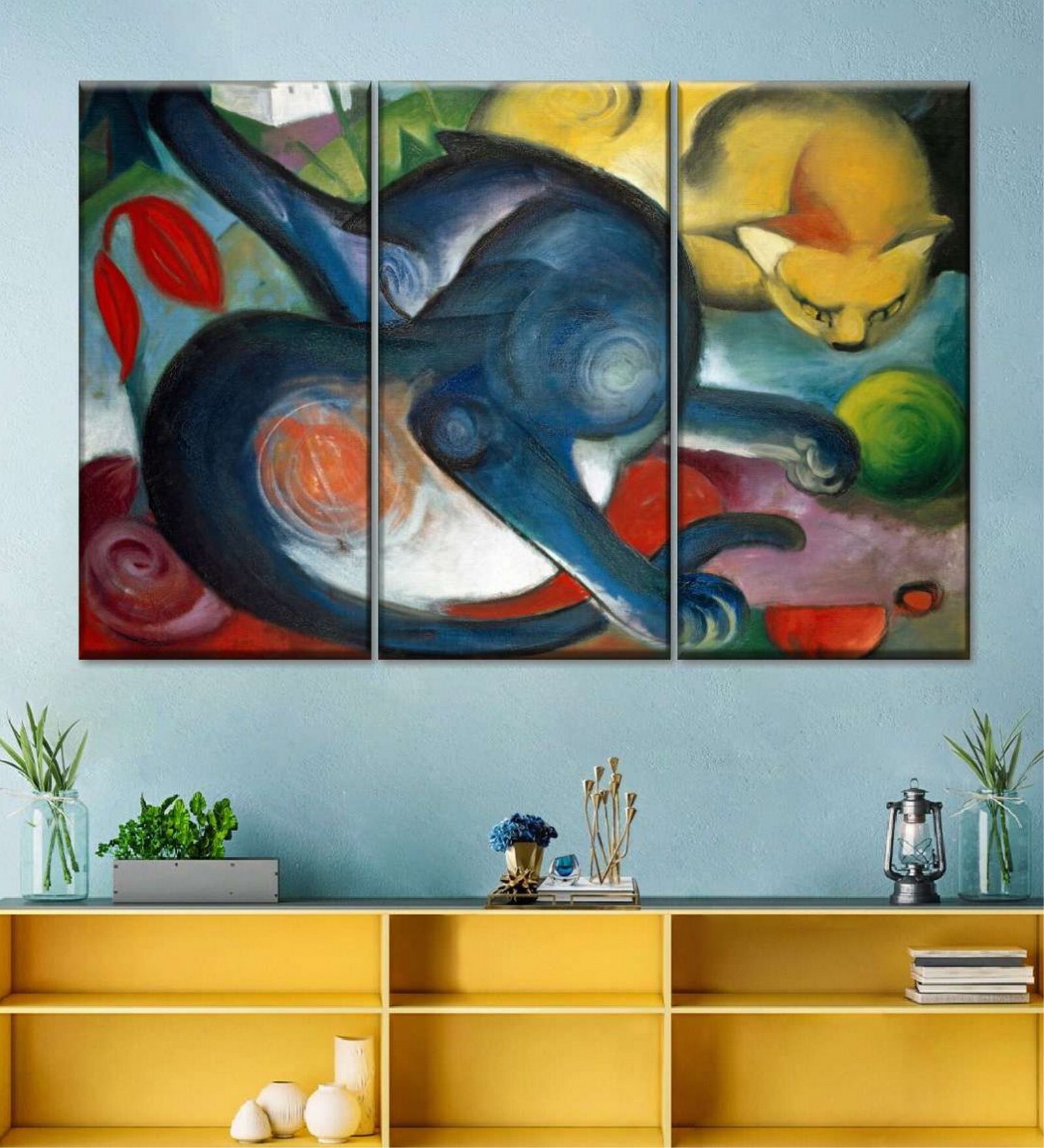 Blue Yellow Abstract Printed Framed Wall Painting ( Set Of 3)