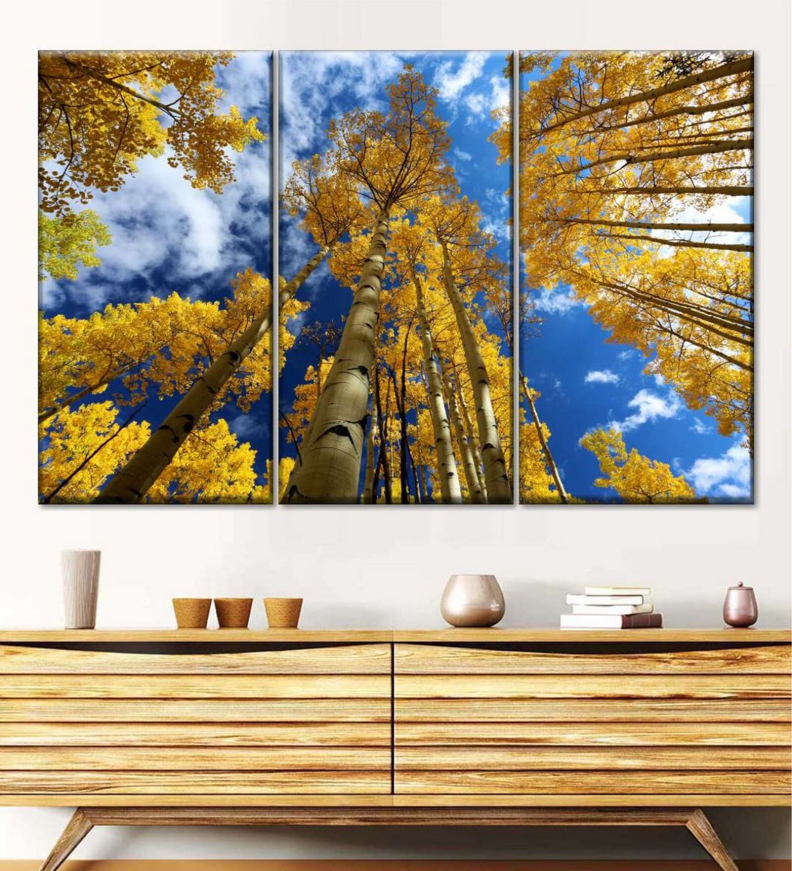 Blue Yellow Leafed Aspens Painting Wall Art Panels ( Set Of 3)