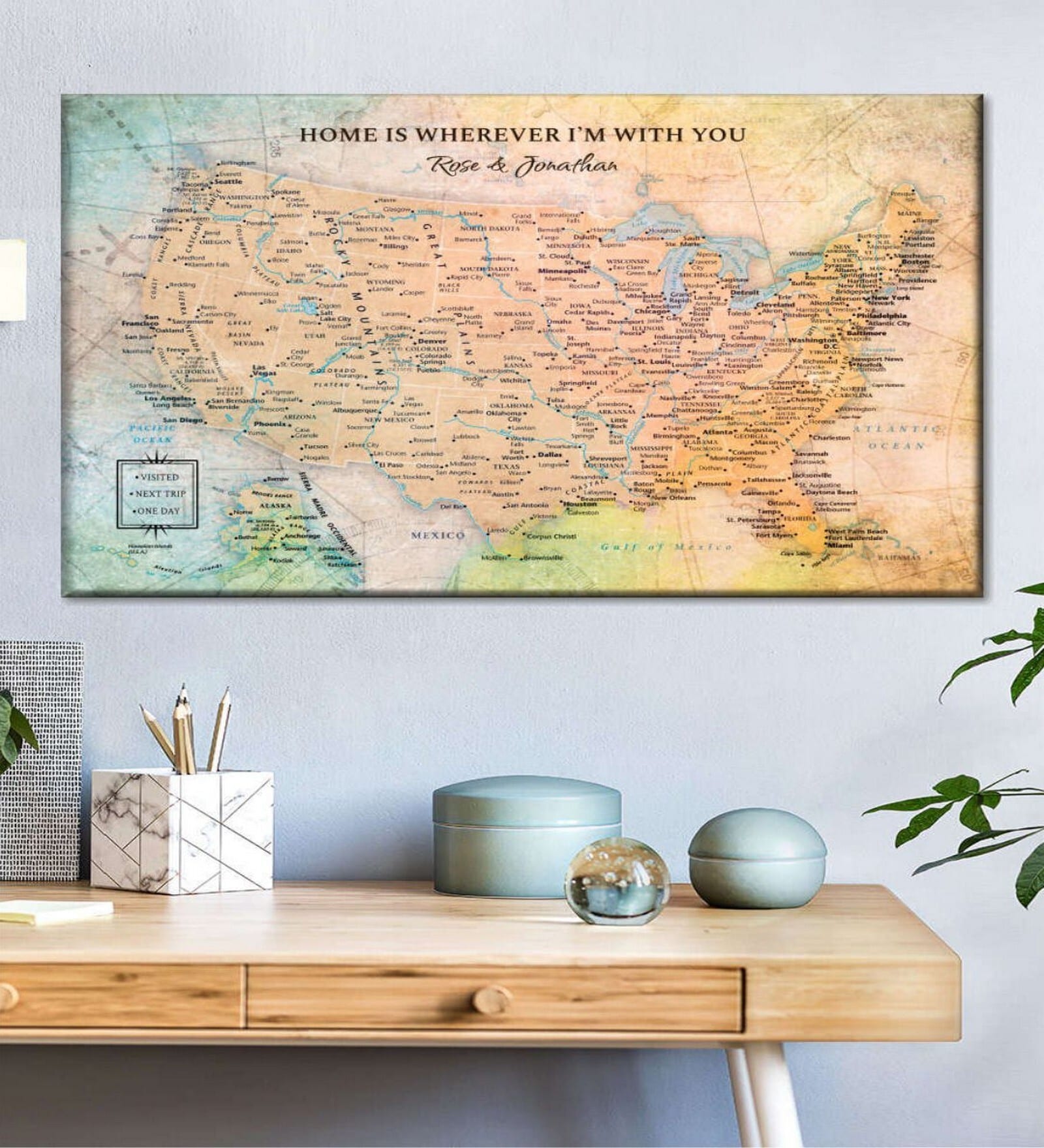 Blue Yellow World Map Printed Framed Wall Art
